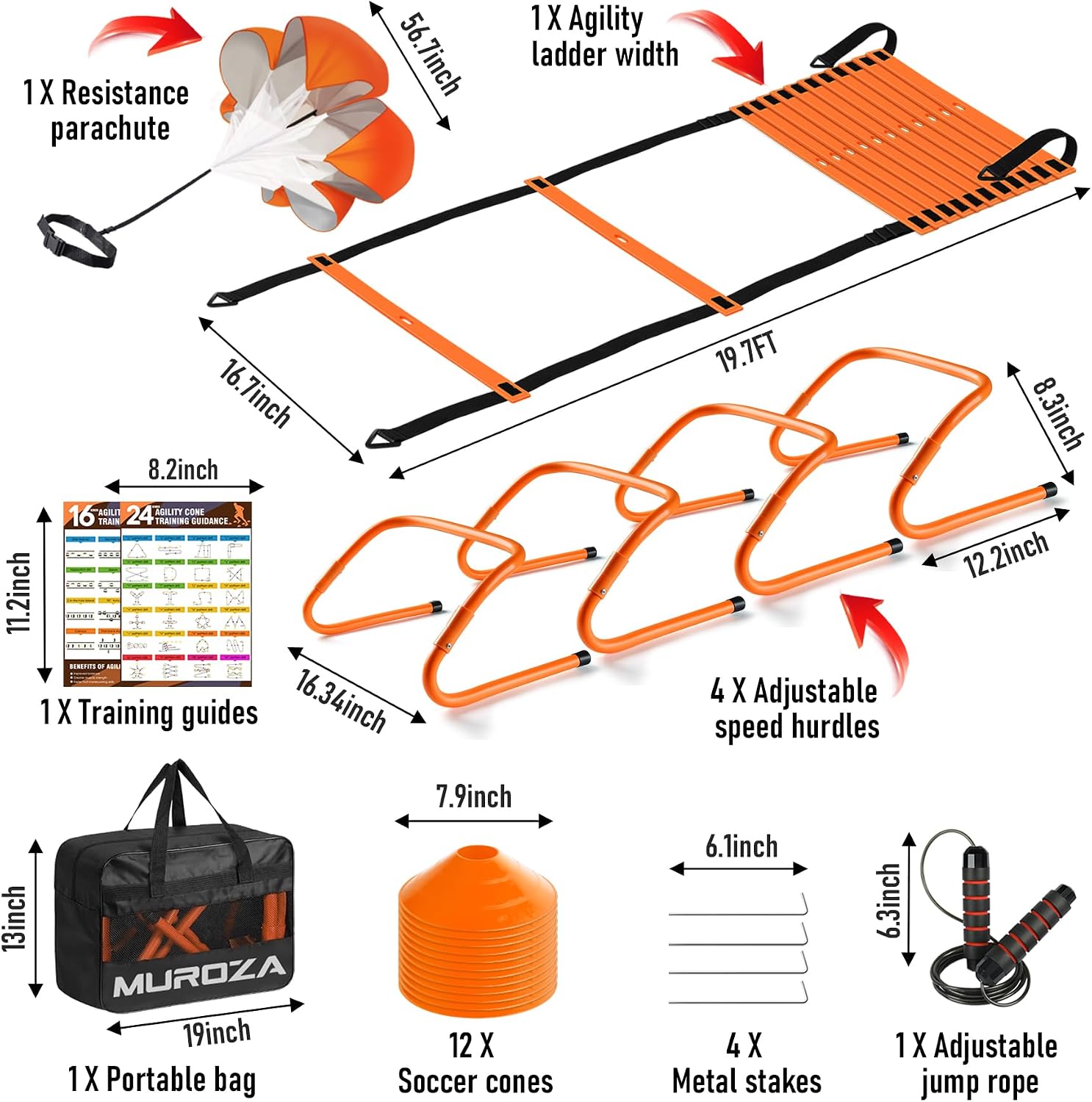 Agility Ladder, Agility Speed Training Equipment Set, 20ft Speed Ladder | 4 Hurdles, 12 Soccer Cones, Jump Rope, Running Parachute, Soccer Football Basketball Training Equipment Accessories - Image 2