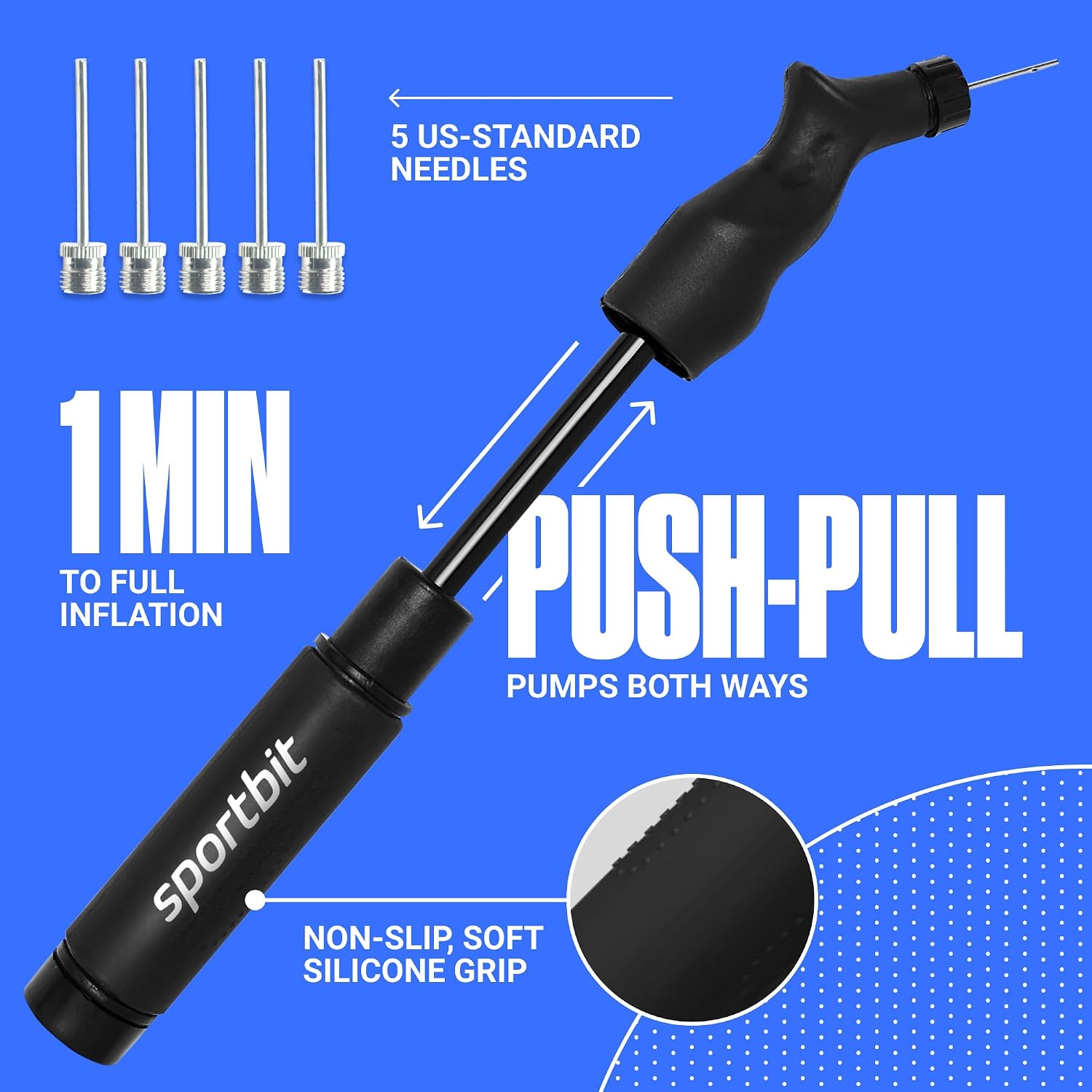 SPORTBIT Ball Pump for Sports Balls - Push & Pull Inflating System - Hand Pump for Exercise Balls - Volleyball Pump, Basketball Inflator, Ball Air Pump - Goes with 5 Needles Set - Image 3