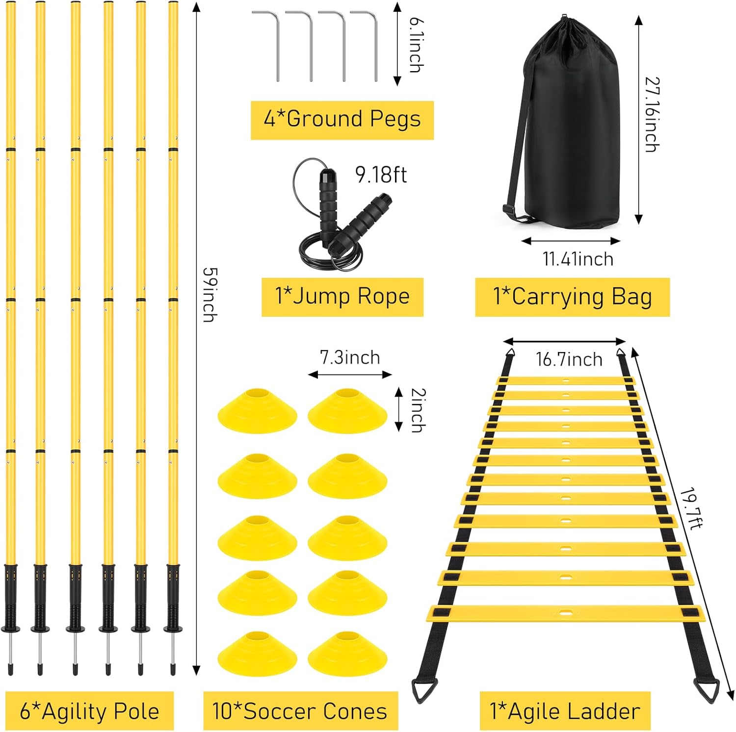 Soccer Agility Training Equipment: 6 Soccer Agility Poles, 20ft Agility Ladder, 10 Soccer Cones, 1 Jump Rope. Soccer Training Poles for Speed Training, Agility Training - Image 2