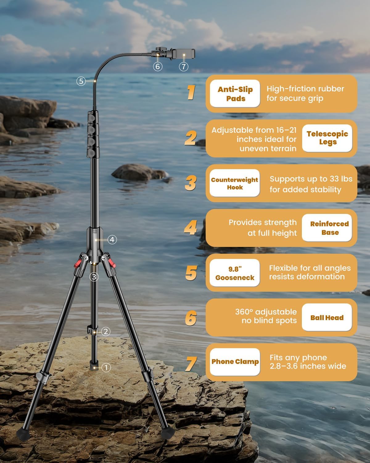 CAMBOFOTO 84" Phone Tripod, Tall Tripod for iPhone with Gooseneck & Remote | iPhone Tripod for Travel/Recording/Cooking/Fitness/Vlog/Overhead Shot, with Extendable Base & Adjustable Head - Image 6