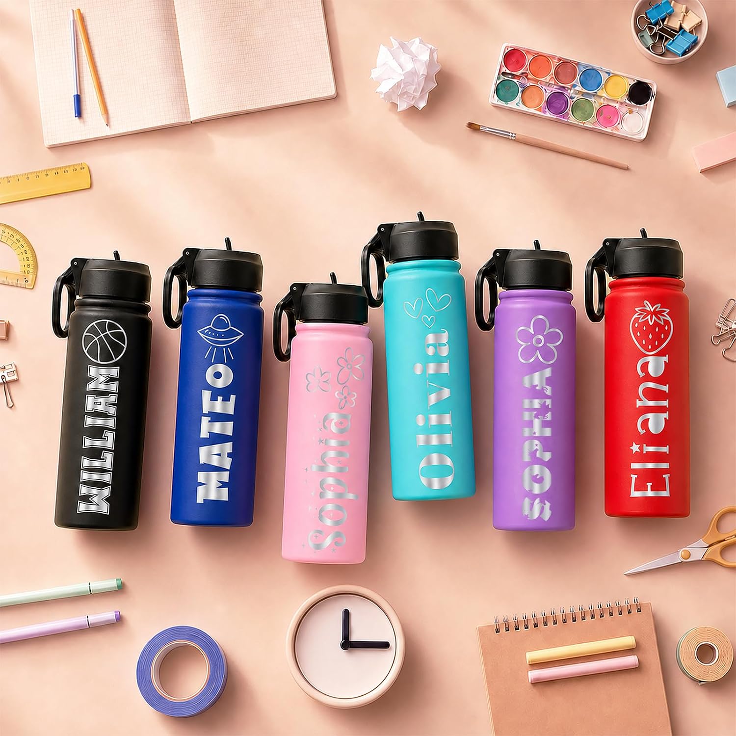 Back to School Gifts Personalized Kids Water Bottle with Name & Icon, 18 oz Custom Stainless Steel Water Bottles with Leakproof Lid, Double-Sided Laser Engraved, for Sports - Image 2