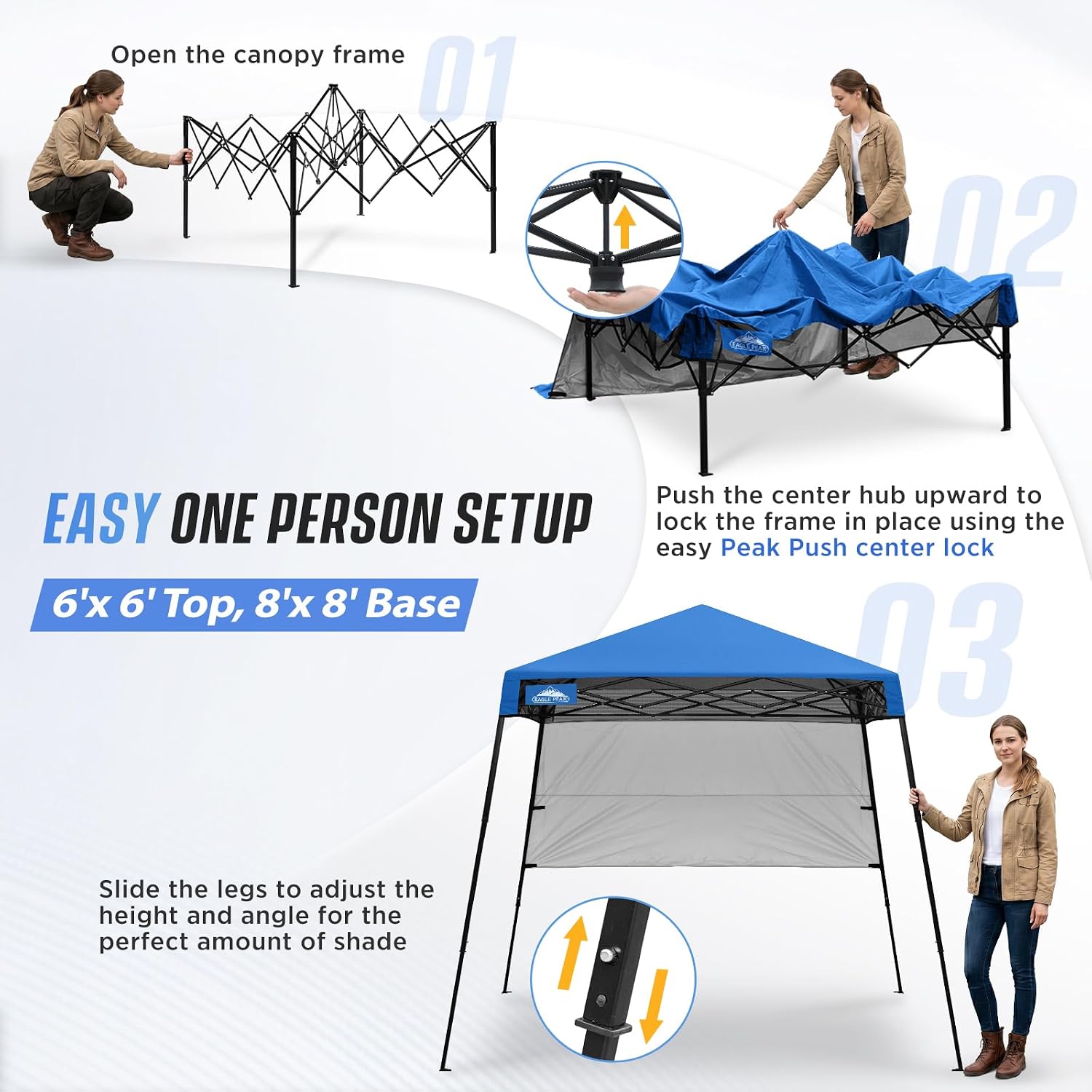 EAGLE PEAK 8x8 Pop Up Canopy Tent with Sidewall, Compact, Portable Slant Leg Instant Sun Shelter for Beach, Sports, & Camping, 8x8 Base 6x6 Top, Blue - Image 6