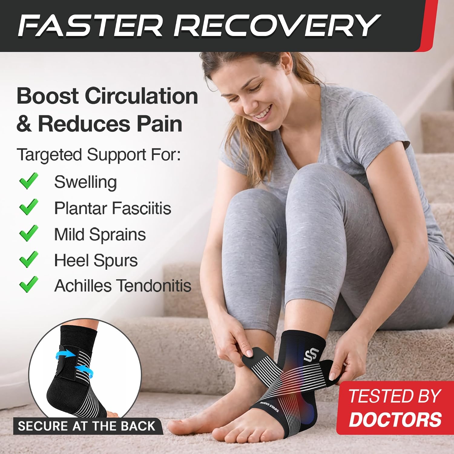 Sleeve Stars Ankle Brace for Women & Men, Ankle Wrap for Sprain, Compression Sleeve for Plantar Fasciitis Relief, Easy Customizable Support: w/ Removable Strap (Single/M:10"-12"/Black) - Image 2