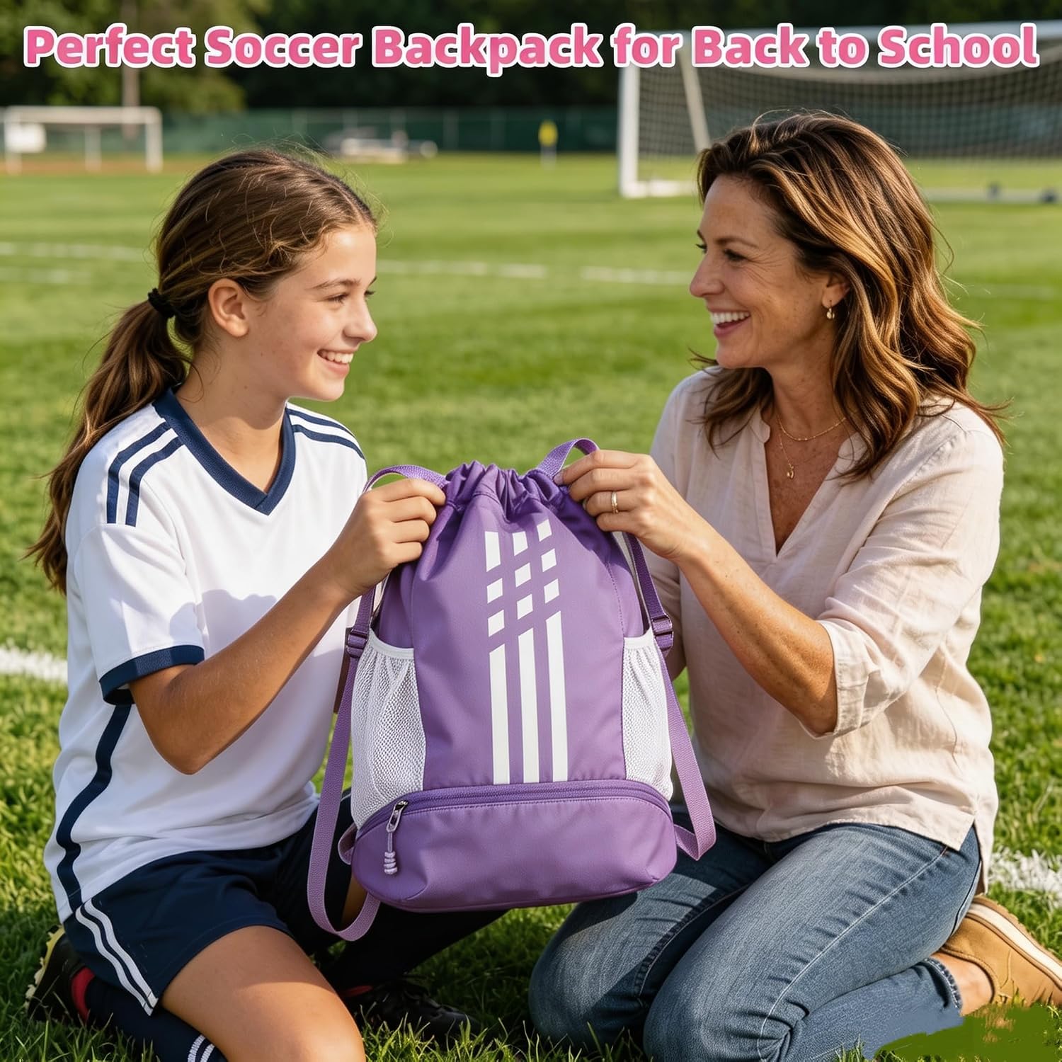 Soccer Bag, Youth Drawstring Backpack for Volleyball Basketball Sports | with 1 Shoes Compartment 1 Wet&Dry Pocket 2 Side Mesh Pockets 2 Zipper Pockets Bag for Gym Training Swimming Back to School - Image 3
