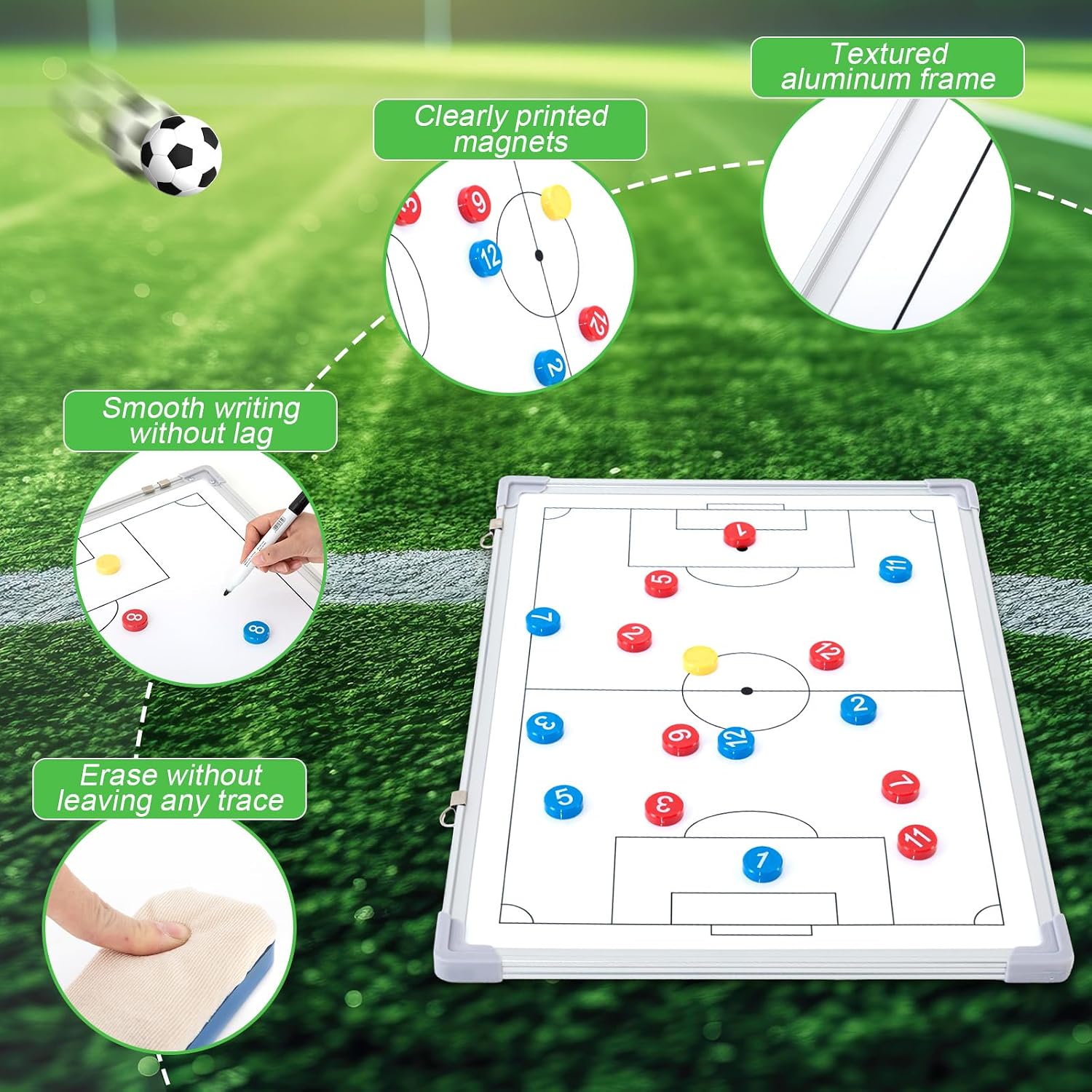 24" x 18" Soccer Magnetic Coaching Board Double-Sided Dry Erase Tactics Whiteboard, Portable Tactical Board Equipped with Magnet Numbers, Marker Pen, Eraser and Zipper Bag - Image 3