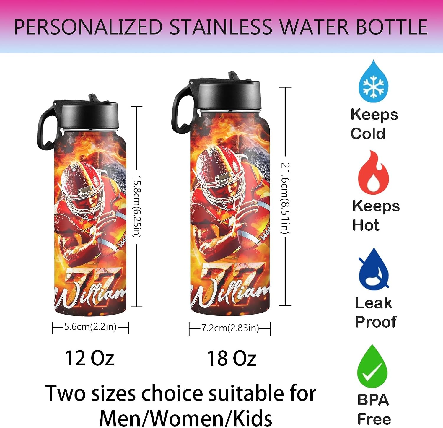 Personalized Water Bottle for Boys for School, Customized Kids Insulated Bottle with Name Picture, Stainless Steel Thermo with Straw, 18oz, Back to School Gift Basketball Soccer Baseball Pattern - Image 3
