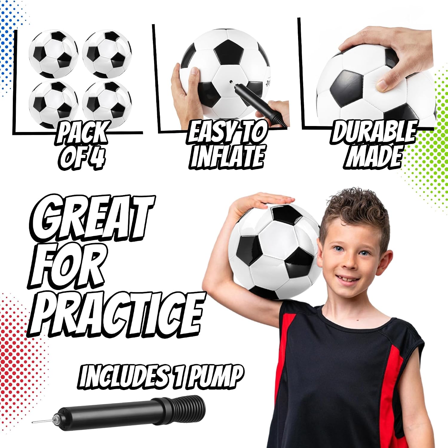 PlayBolt Black & White Soccer Balls - Sizes 2, 3, 4, 5 for Kids, Toddlers & Adults - Pack of 1 or 4 with Pump - Image 2