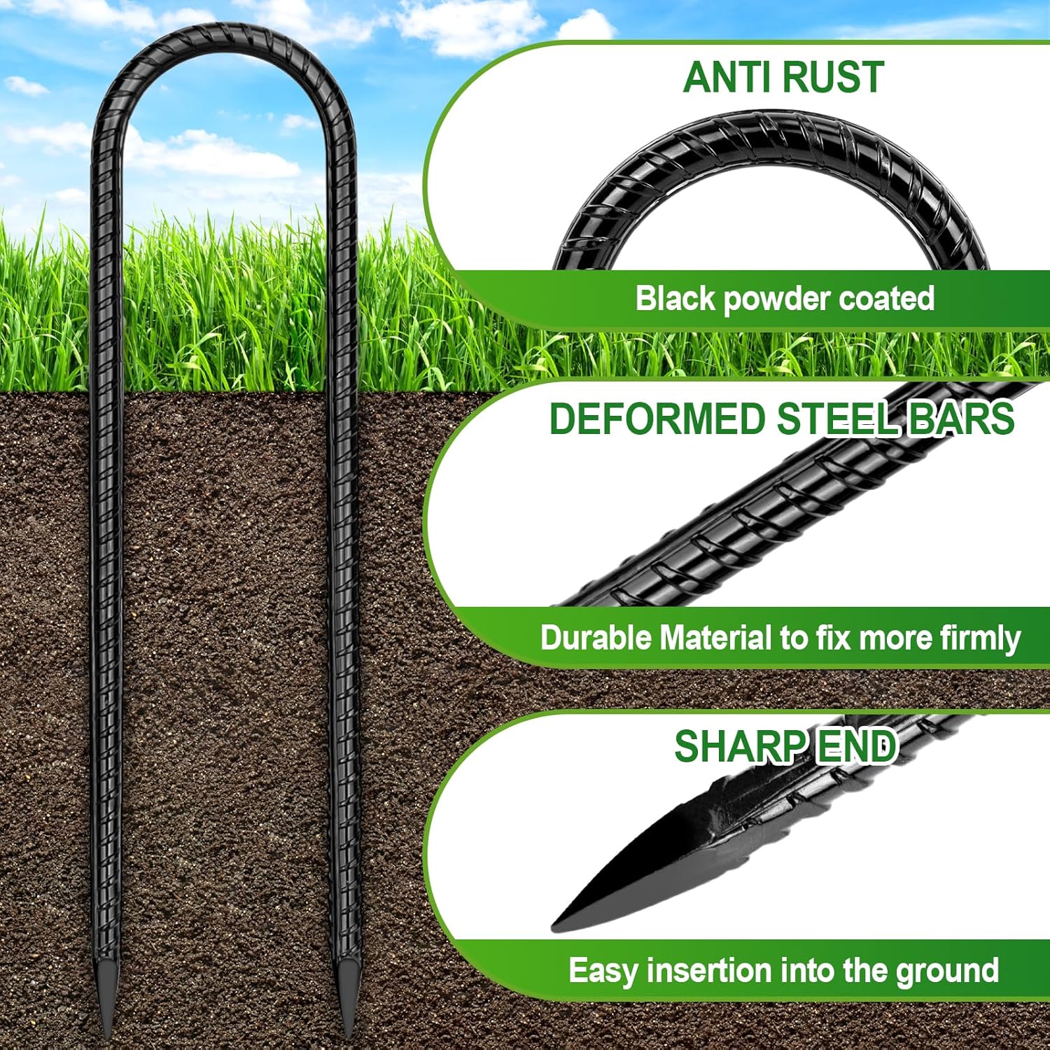 Trampoline Stakes Anchors High Wind 12''Ground Anchor Tent Stakes Heavy Duty, U Rebar Stakes Trampoline Accessories - Image 3