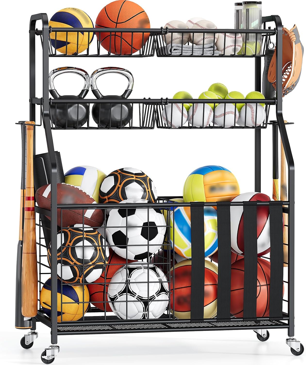 Sports Equipment Organizer, Rolling Garage Ball Storage Rack | Heavy-Duty Steel, Rolling Wheels, Storage Baskets, Side Hooks, Ball Storage, Sports Gear, Toys, Garage, Home Gym
