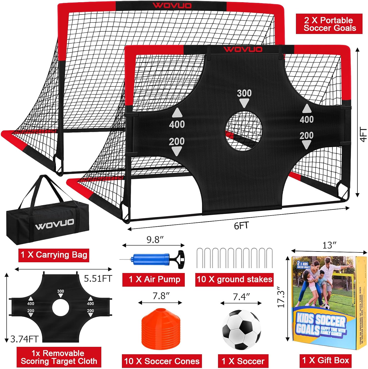 Kids Soccer Goals for Backyard Set of 2, 6x4 ft Portable Toddler Soccer Goal Training Equipment with Soccer Target, Ball, Cones, Soccer Net for Kids Age 3-5 6-8 8-12 10-12-14 Outdoor Sports Games Gift - Image 2