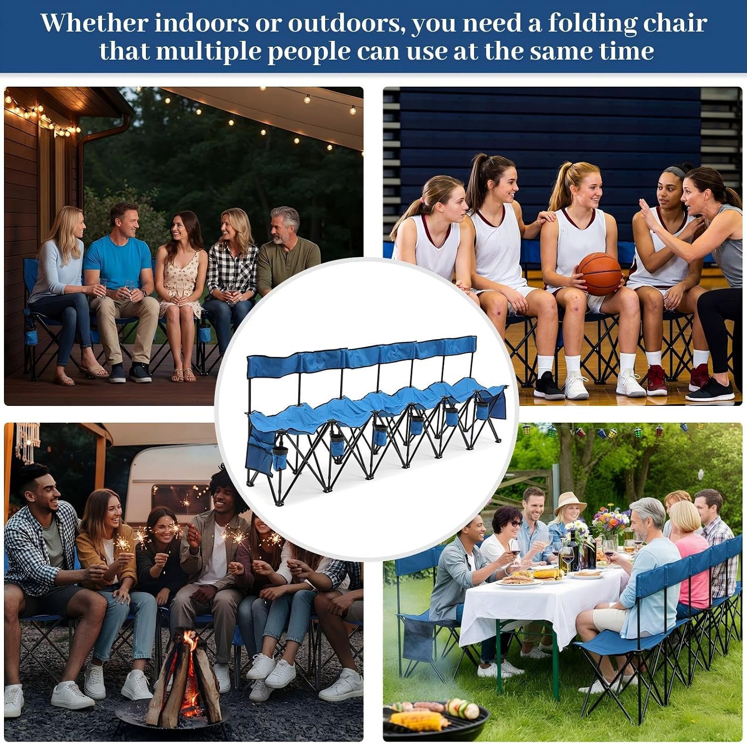 6 Seat Folding Soccer Bench with Cup Holder, Sport Team Bench,Blue | Portable Sideline Bench, Foldable Team Chair for Football Training, Outdoor Events, Camping with Storage Bag - Image 7
