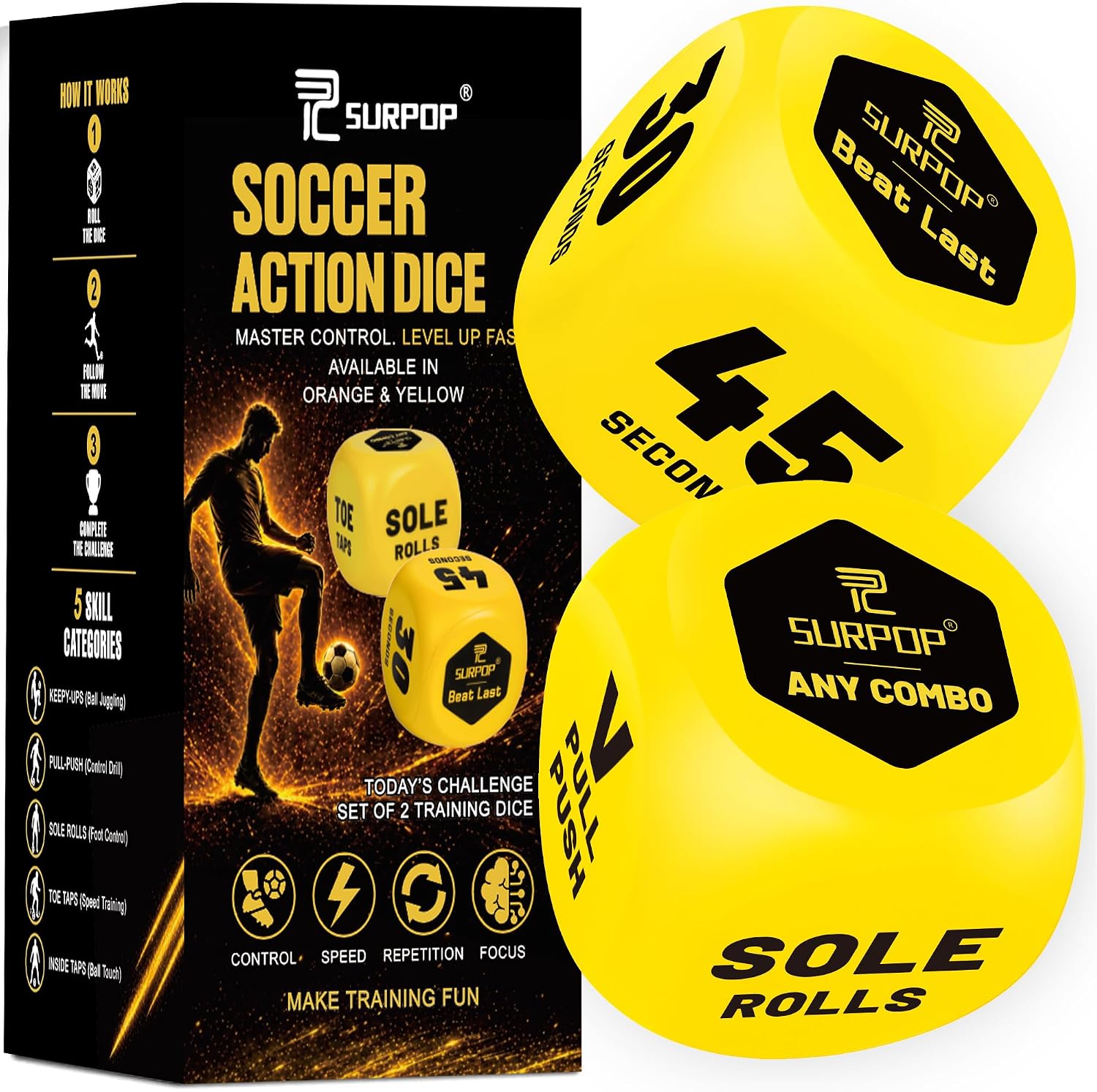 Surpop Soccer Training Dice for Kids 8-12, 2-Dice Ball Control Game, Yellow | Two soft 3-inch foam dice create 36 ball-control and footwork challenges for indoor or outdoor practice; mesh bag included