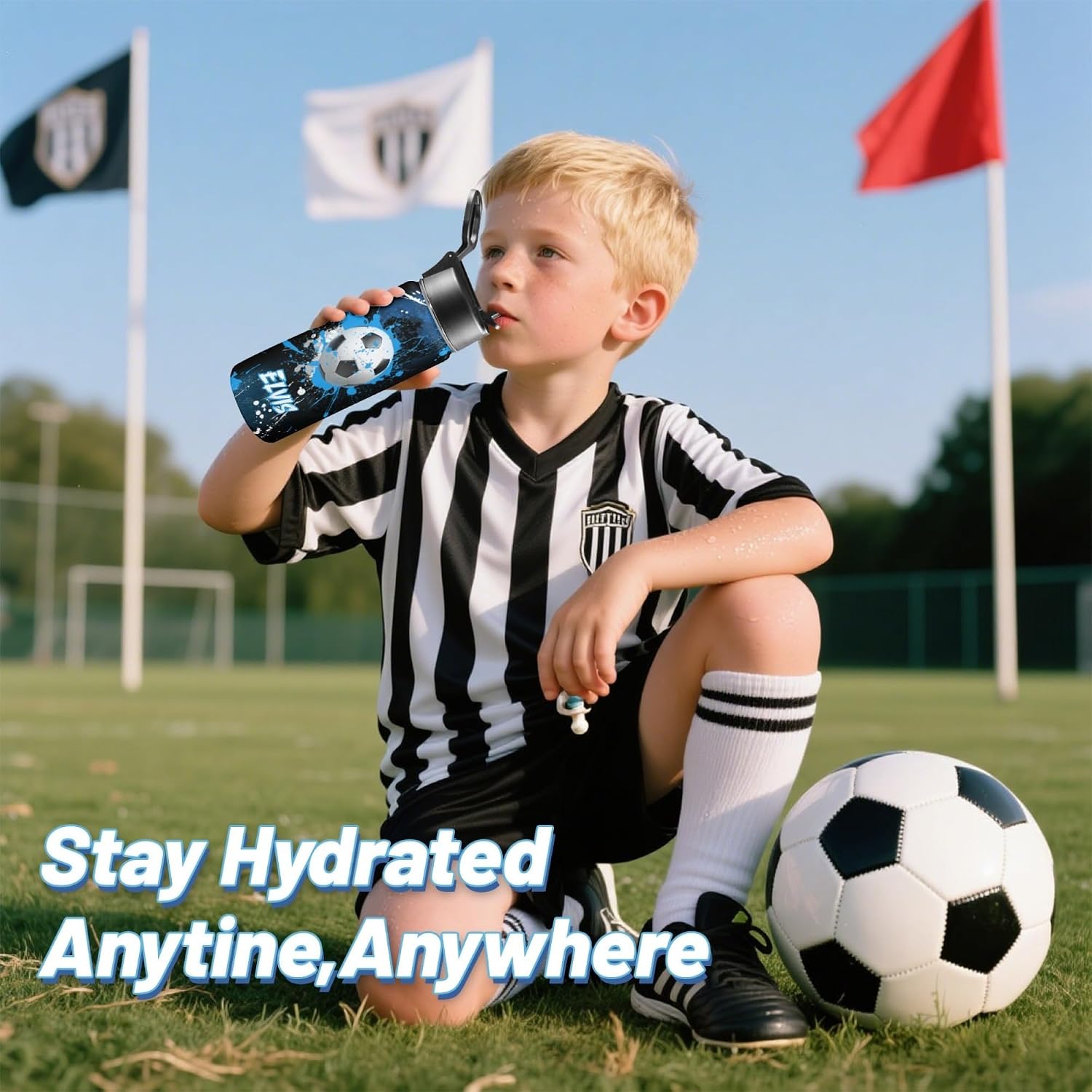 Personalized Soccer Water Bottles for Boys, 18oz Kids Thermos | Custom Name, Stainless Steel Straw Lid, Vacuum Insulated, Leakproof Loop, Perfect School Birthday Boys Gift - Image 2