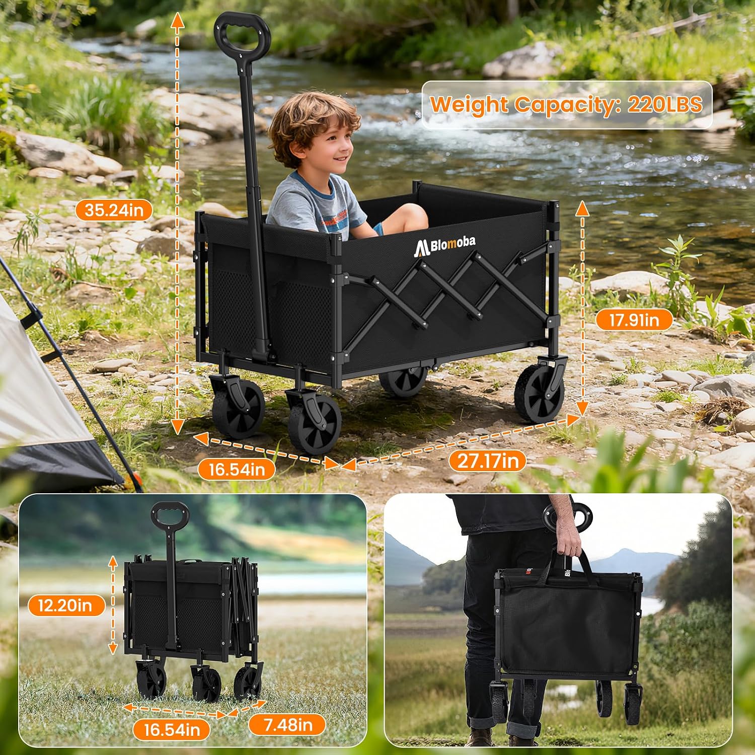 Blomoba Folding Wagon Cart with Wheels, 220lbs Utility Wagon Cart, Black | Collapsible Wagon with 360° All-Terrain Wheels & Adjustable Handle, Foldable Cart for Groceries Camping Sports Gardening - Image 7