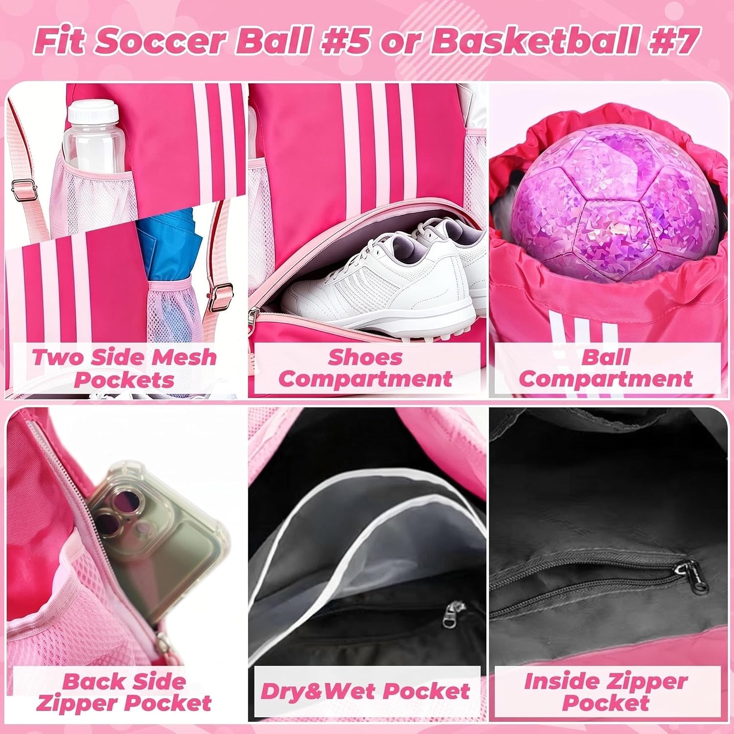Soccer Bag, Youth Drawstring Backpack for Volleyball Basketball Sports | with 1 Shoes Compartment 1 Wet&Dry Pocket 2 Side Mesh Pockets 2 Zipper Pockets Bag for Gym Training Swimming Back to School - Image 8