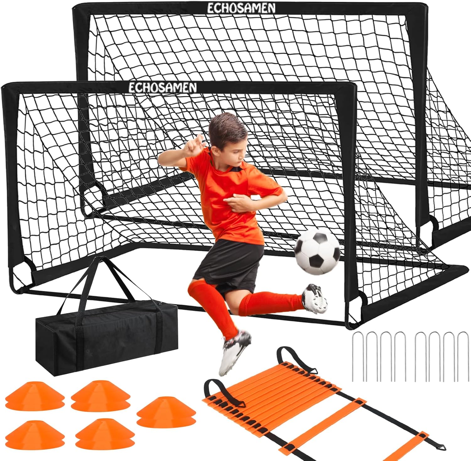 Kids Soccer Goals for Backyard, 2 of 6 x 4 ft Kids Soccer Goal Set Soccer Net with 10 Soccer Cones, Agility Ladder & Carry Bag, Portable Soccer Training Equipment.