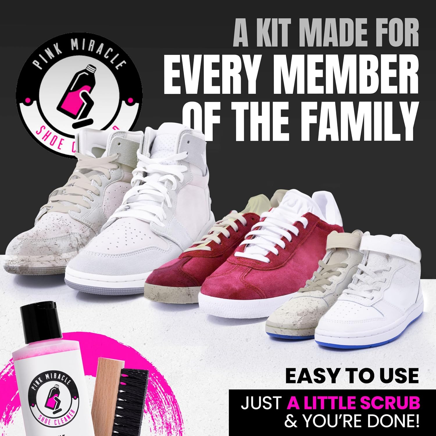 Pink Miracle Shoe Cleaner Kit with Bottle and Brush For Fabric Cleaner For Leather, Whites, Suede and Nubuck Sneakers - Image 6