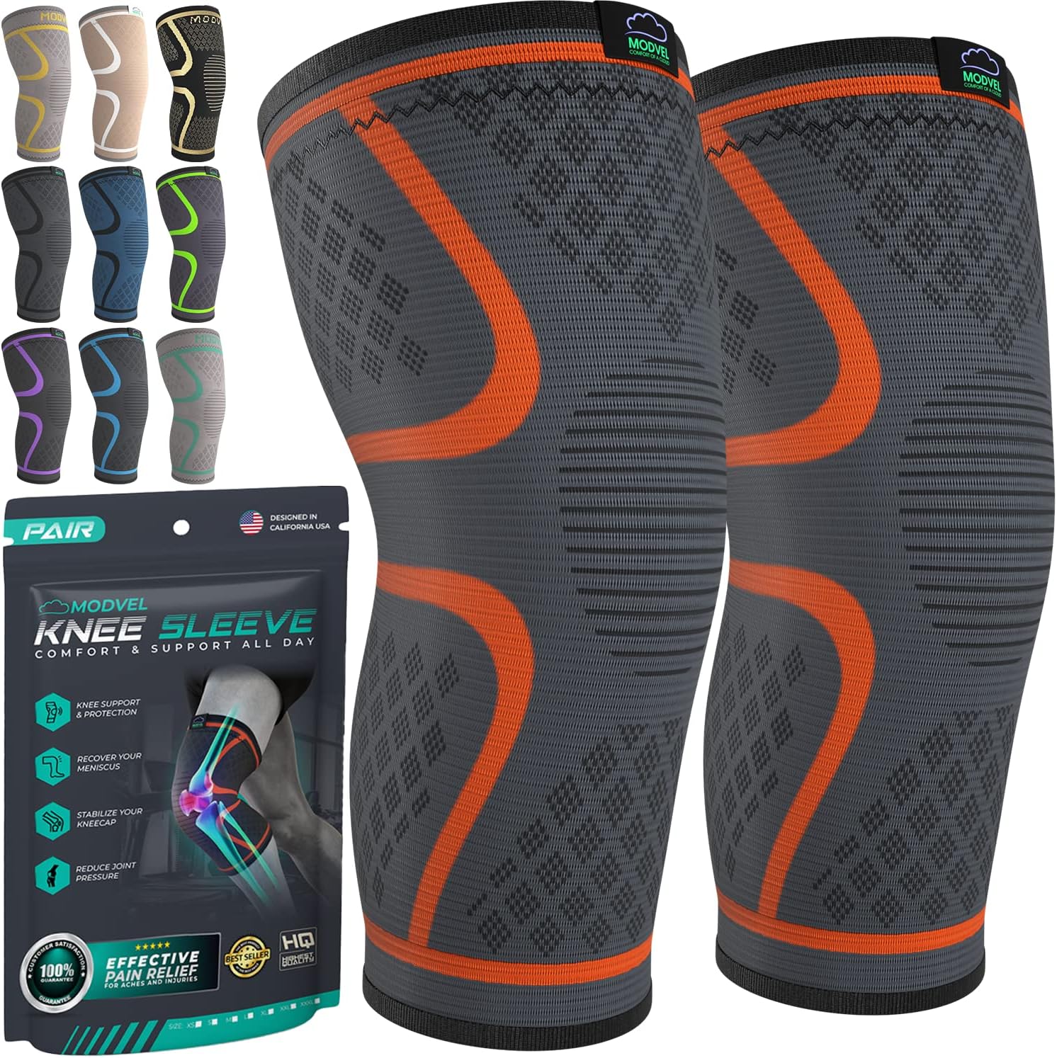 Modvel Compression Knee Brace for Women & Men - 2 Pack Knee Brace for Women Running Knee Pain, Knee Support Compression Sleeve, Workout Sports Knee Braces for Meniscus Tear ACL & Arthritis Pain Relief