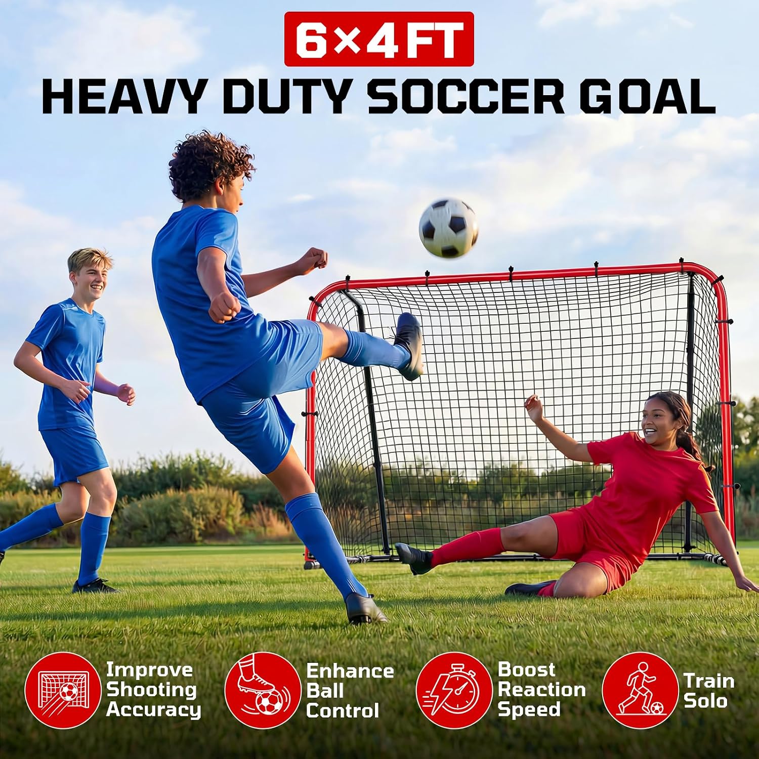 6 x 4 FT Soccer Goal for Backyard, 2-in-1 Metal Soccer Goal with Angle Adjustable Rebounder Net, Heavy-Duty Steel Frame, Includes Agility Ladder & Cones, Soccer Training Equipment for Teens - Image 2