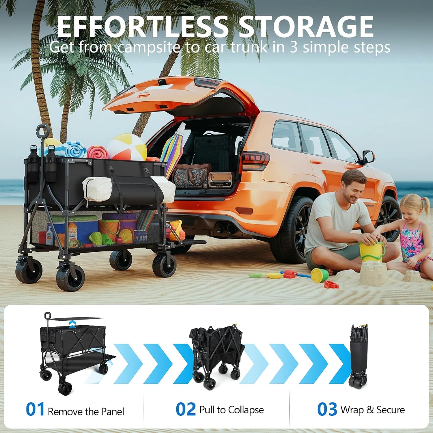 Double Decker Wagon 400L Large Capacity & 600LBS Foldable Utility Cart | 54" Extra Long, Collapsible Heavy Duty Wagon, All-Terrain Big Wheels for Beach, Camping, Sports & Gardening - Image 4