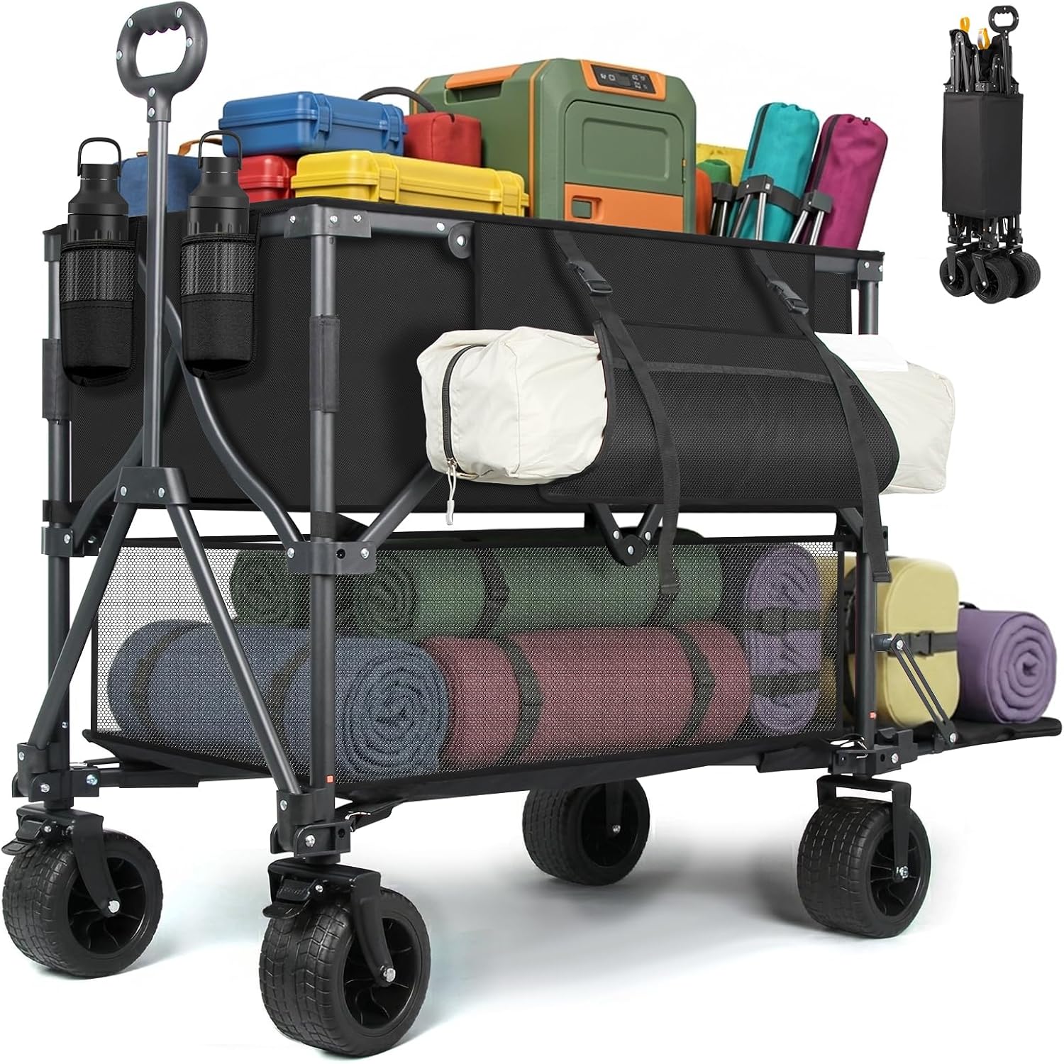 Double Decker Wagon 400L Large Capacity & 600LBS Foldable Utility Cart | 54" Extra Long, Collapsible Heavy Duty Wagon, All-Terrain Big Wheels for Beach, Camping, Sports & Gardening