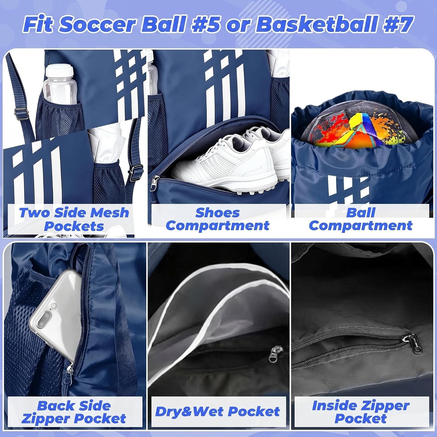 Soccer Bag, Youth Drawstring Backpack for Volleyball Basketball Sports | with 1 Shoes Compartment 1 Wet&Dry Pocket 2 Side Mesh Pockets 2 Zipper Pockets Bag for Gym Training Swimming Back to School - Image 5