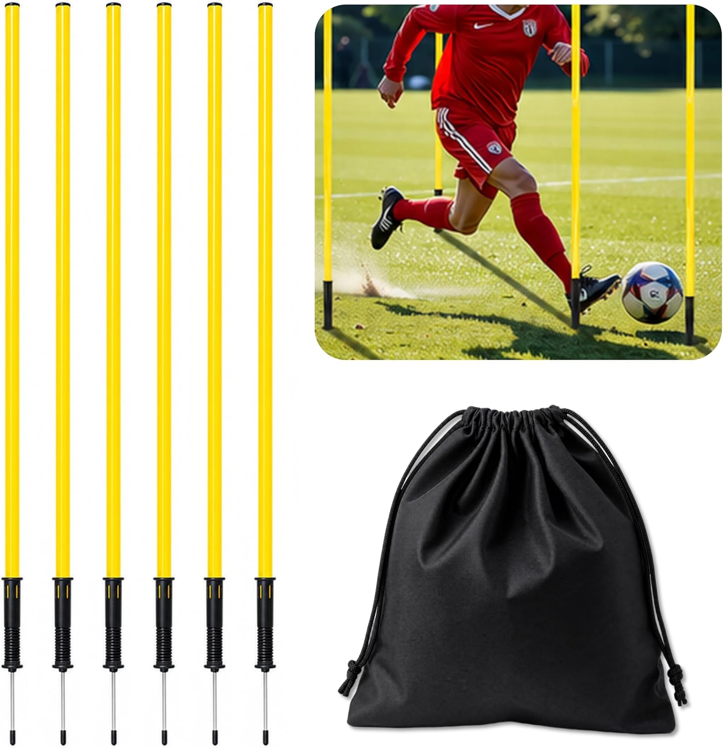 5 FT Adjustable Soccer Agility Poles with Steel Ground Spring Nails | Speed and Agility Training Equipment for Soccer, Football, Basketball, Dog and Horse Drills (6 Pack) (Yellow)