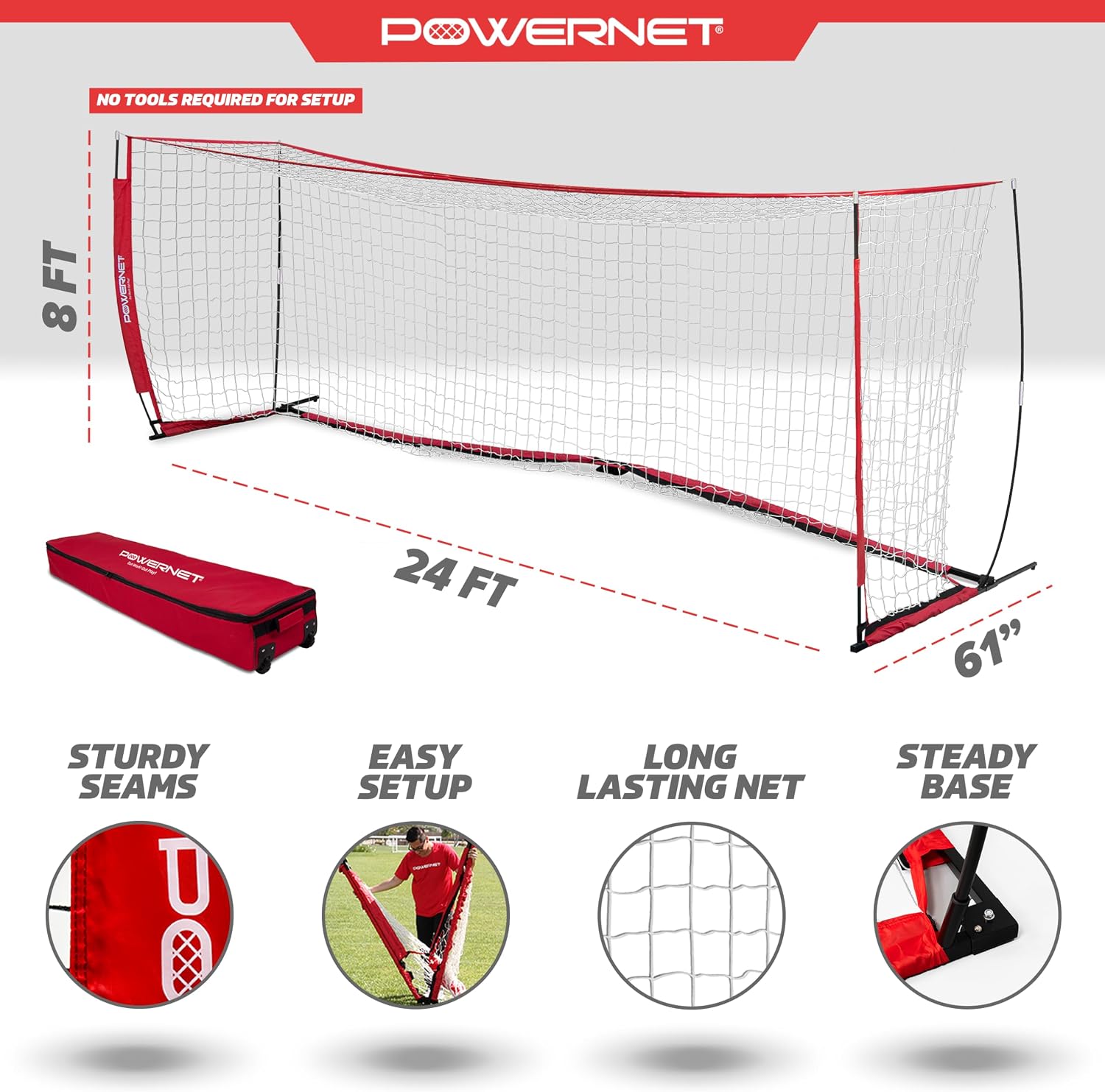 PowerNet Soccer Goal for Backyard, 3Mx2M / 6x4 / 8x4 / 12x6 / 14x7 /18.5x6.5 / 21x7 / 24 x 8 Portable Soccer Net, Sports & Outdoors Training Equipment, Quick Setup 1 Goal & Zipper Storage Bag - Image 3