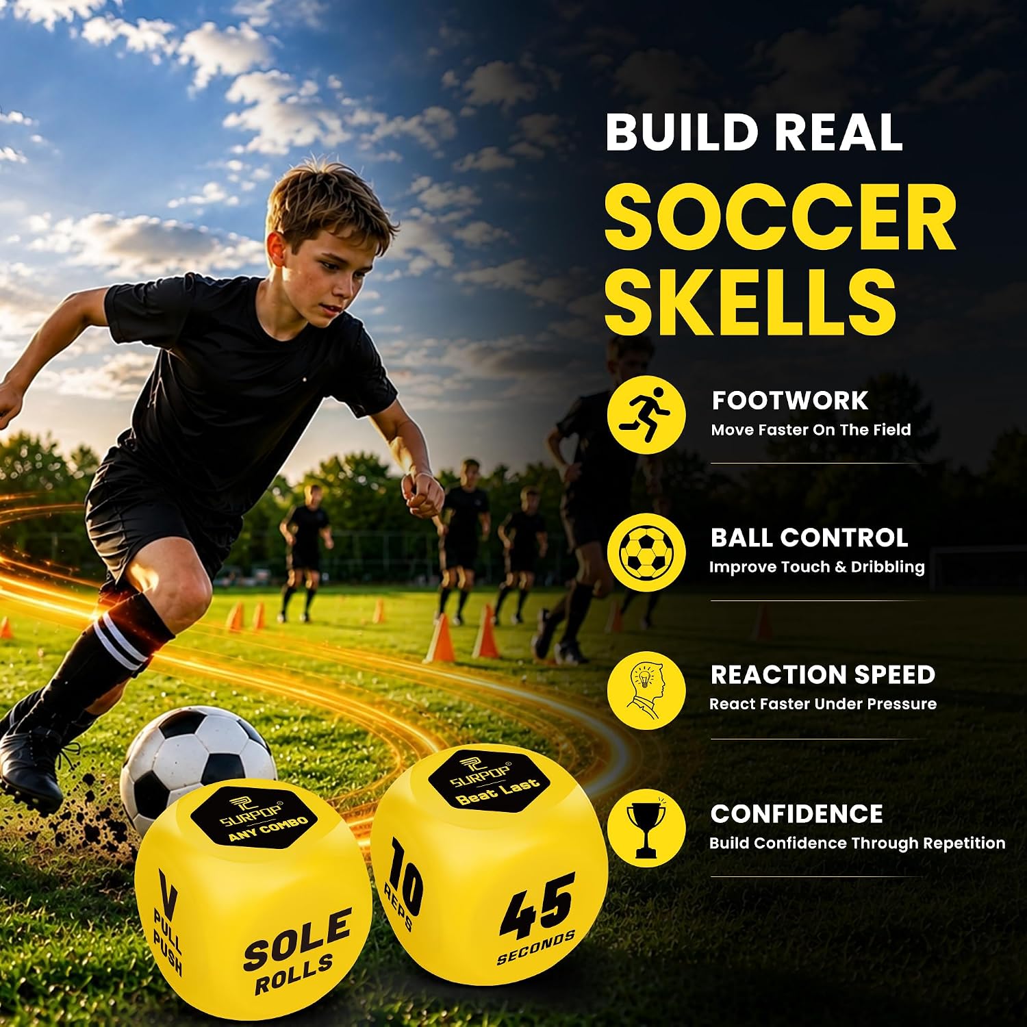 Surpop Soccer Training Dice for Kids 8-12, 2-Dice Ball Control Game, Yellow | Two soft 3-inch foam dice create 36 ball-control and footwork challenges for indoor or outdoor practice; mesh bag included - Image 5