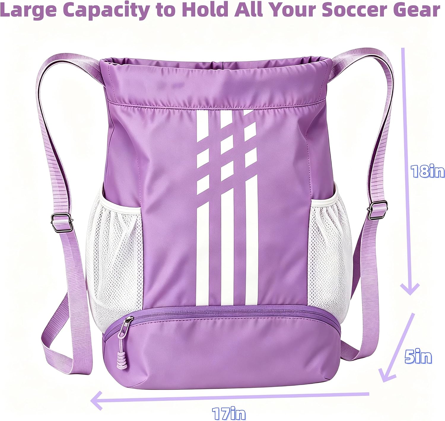 Soccer Bag, Youth Drawstring Backpack for Volleyball Basketball Sports | with 1 Shoes Compartment 1 Wet&Dry Pocket 2 Side Mesh Pockets 2 Zipper Pockets Bag for Gym Training Swimming Back to School - Image 7