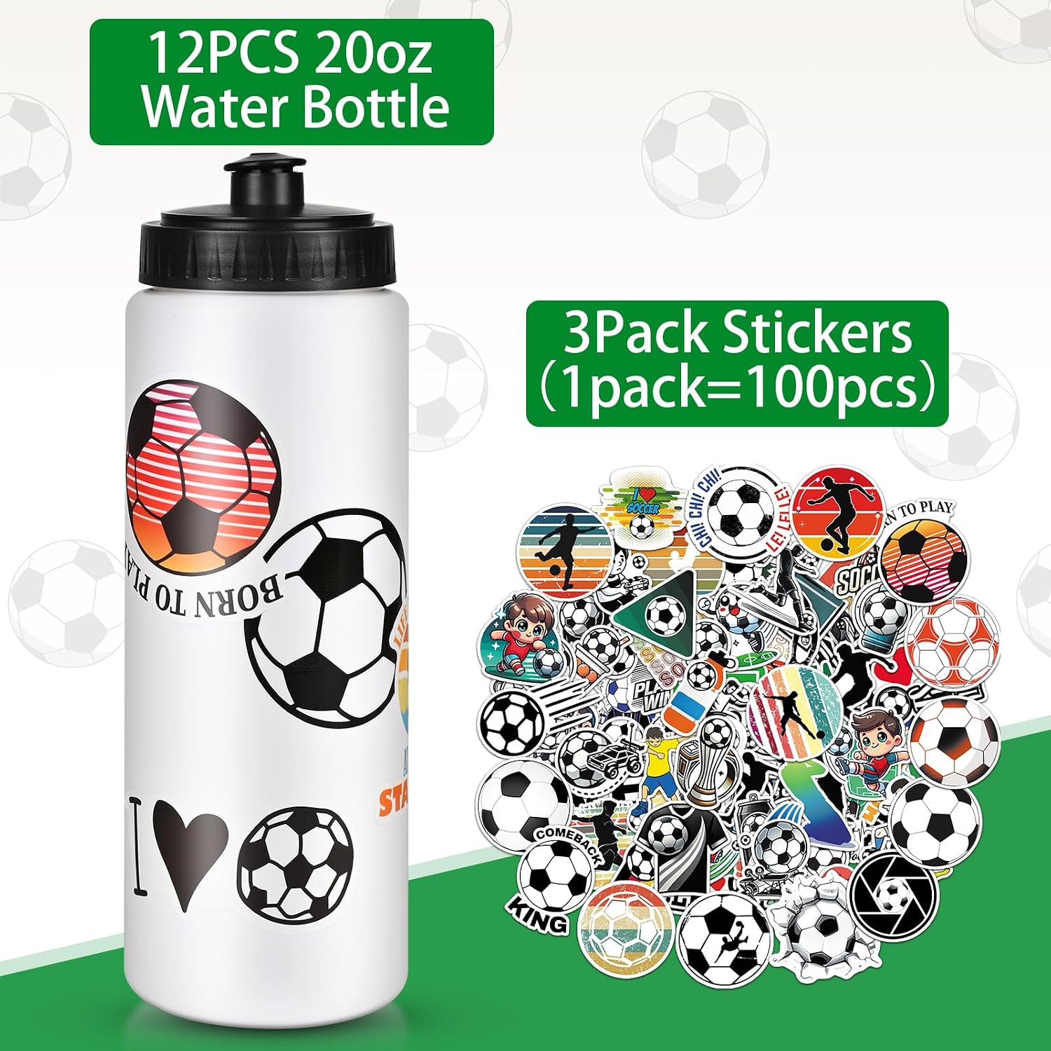 Soccer Party Favors, 12 Pack Water Bottles, 300 Stickers | 12 Soccer-Pattern Bottles, 300 Themed Stickers, BPA-Free 20 oz Design, Leak-Proof Lids, Ideal for Teams and Parties - Image 2