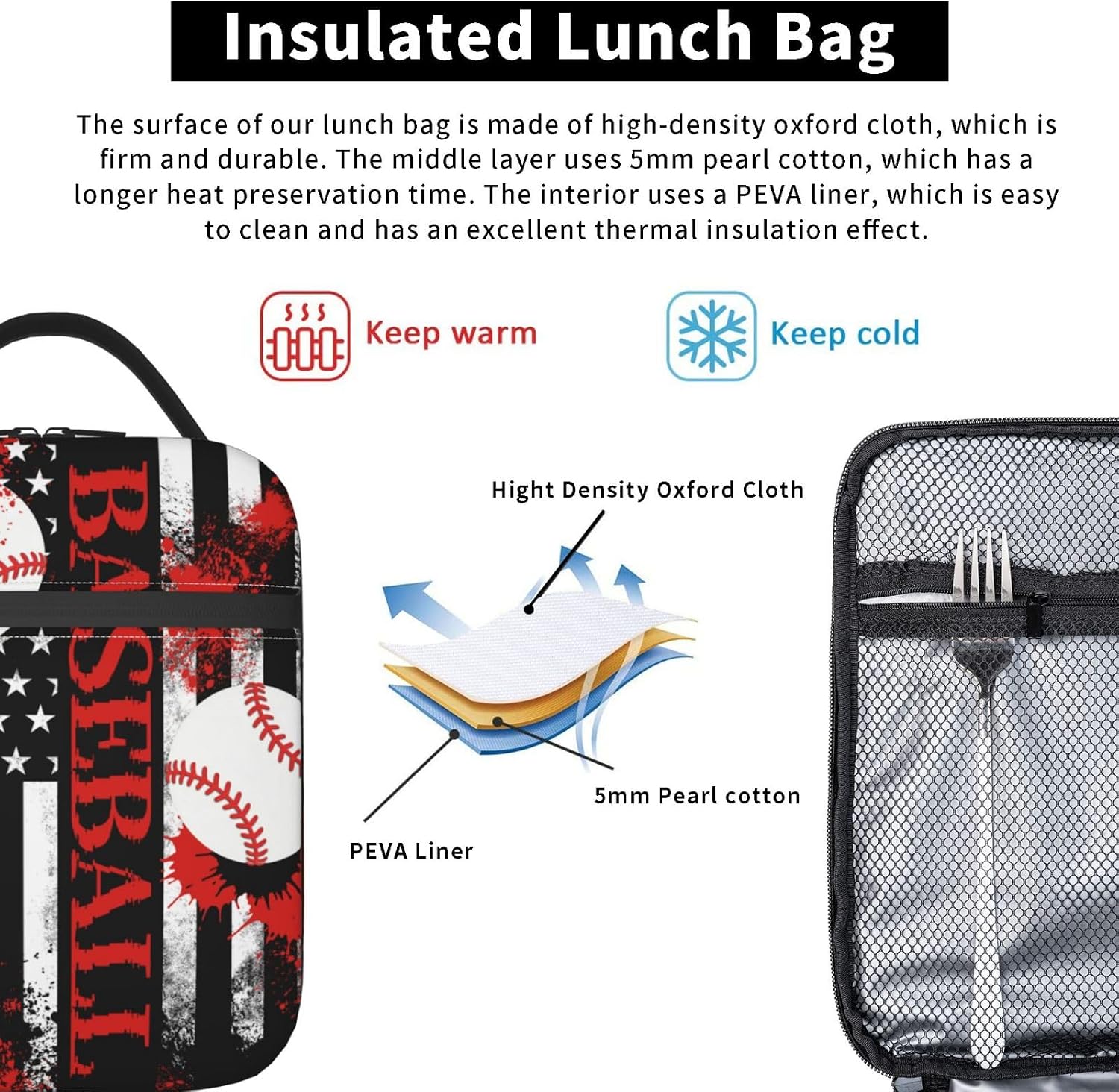 Miaoquhe Baseball Lunch Box for Men Women American Flag Reusable Lunch Bag for Boys Girls Kids Teens Sport Ball Portable Cooler Lunchbox Insulated Tote Bag for School Office Work Picnic Hiking - Image 5