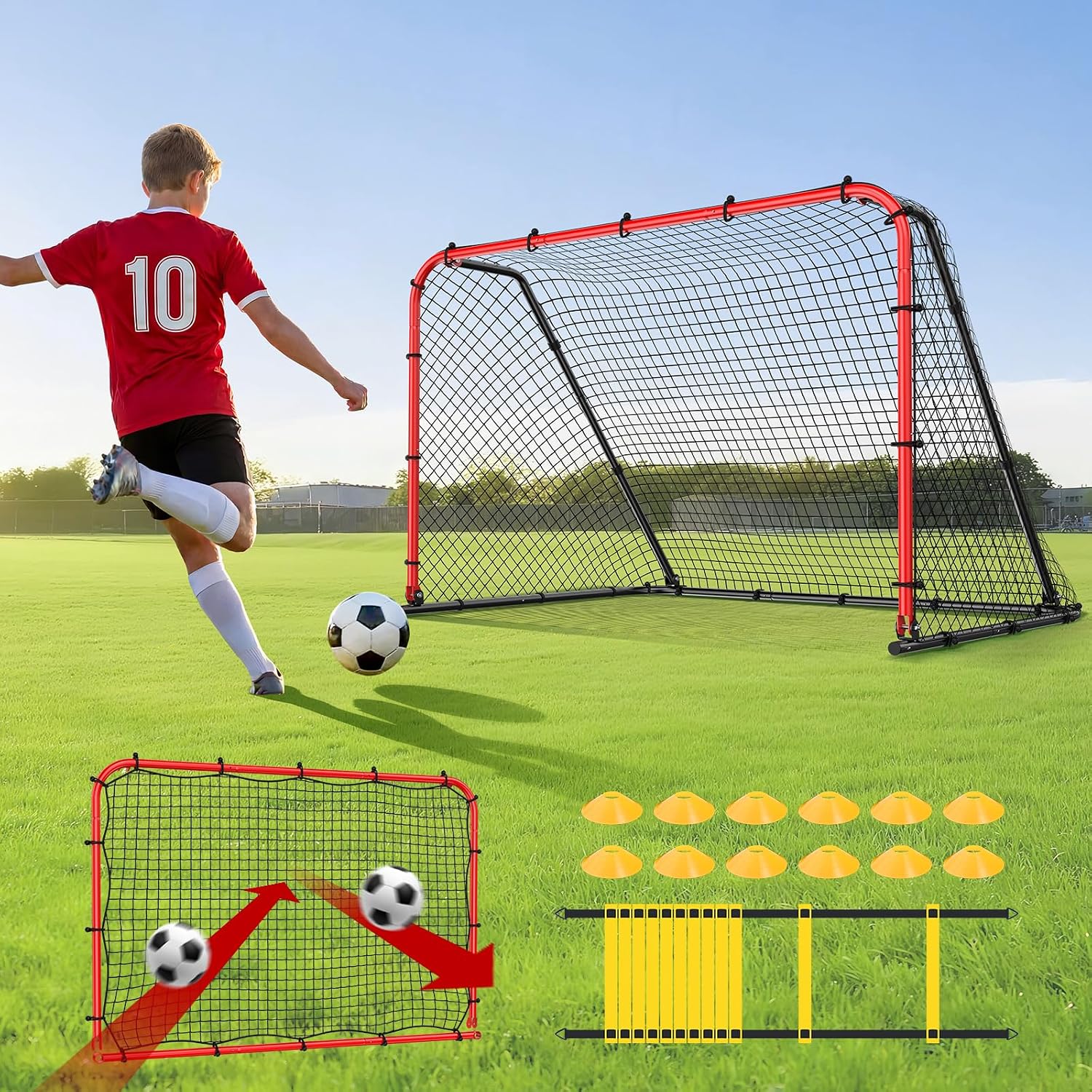 6 x 4 FT Soccer Goal for Backyard, 2-in-1 Metal Soccer Goal with Angle Adjustable Rebounder Net, Heavy-Duty Steel Frame, Includes Agility Ladder & Cones, Soccer Training Equipment for Teens