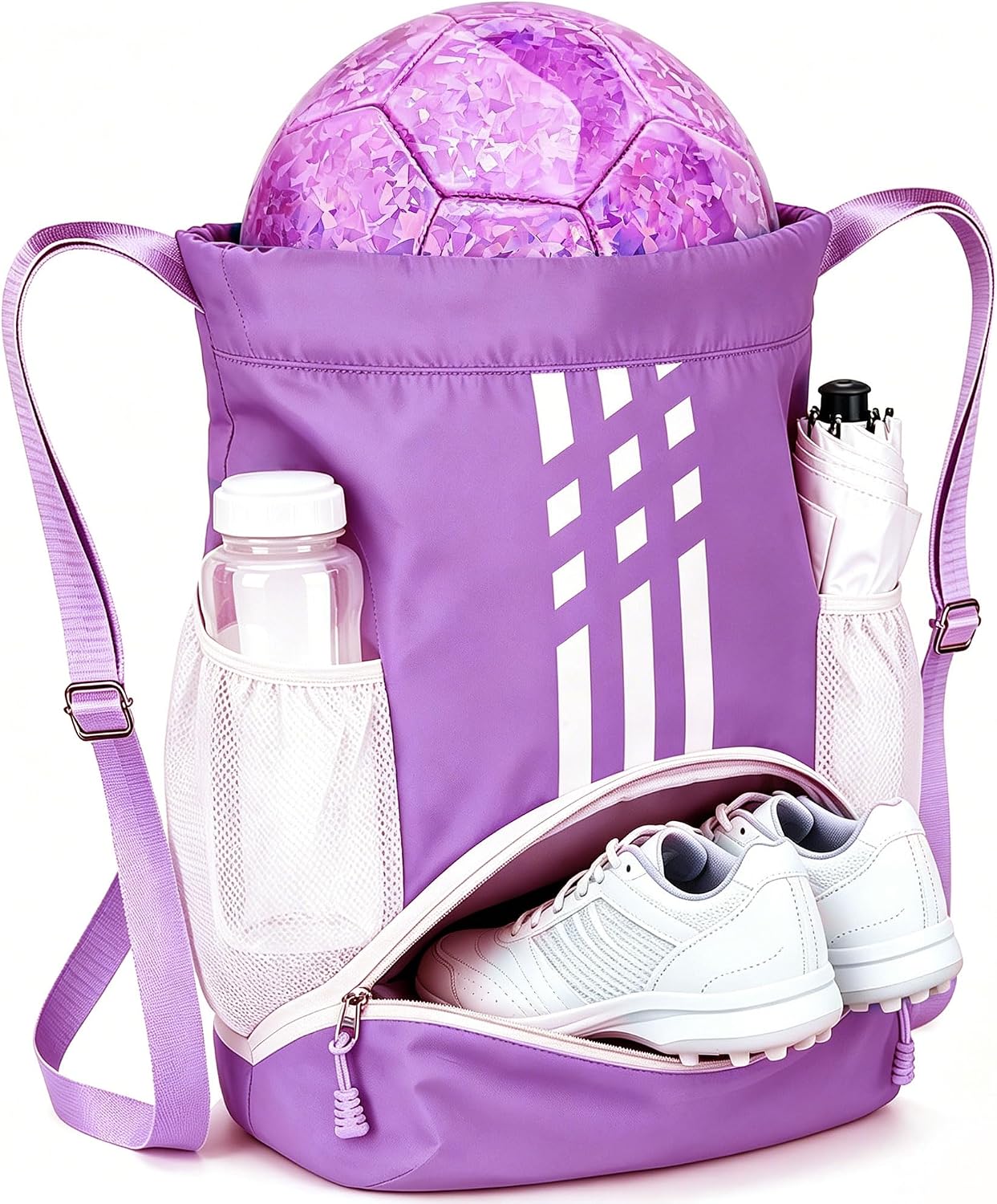 Soccer Bag, Youth Drawstring Backpack for Volleyball Basketball Sports | with 1 Shoes Compartment 1 Wet&Dry Pocket 2 Side Mesh Pockets 2 Zipper Pockets Bag for Gym Training Swimming Back to School - Image 2