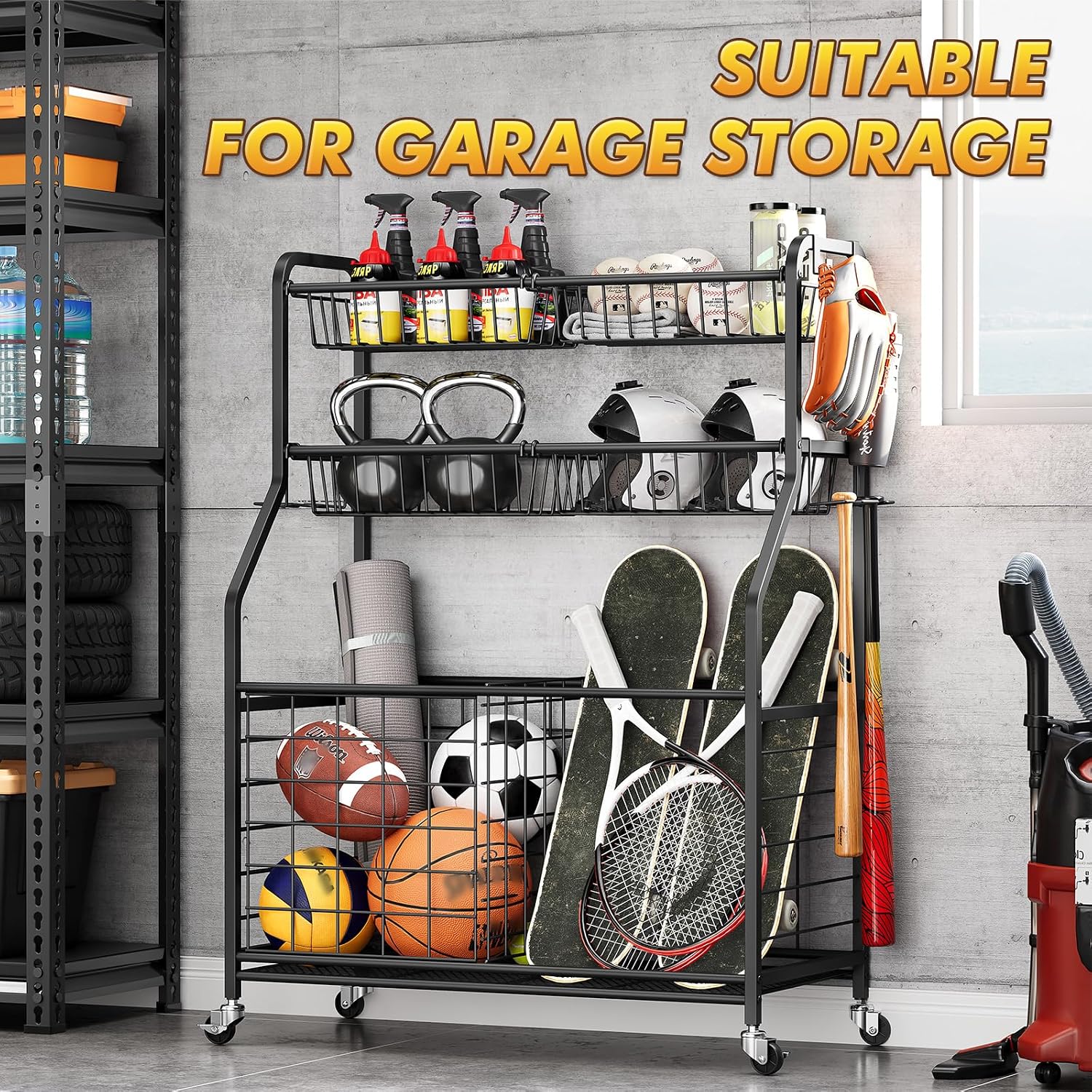 Sports Equipment Organizer, Rolling Garage Ball Storage Rack | Heavy-Duty Steel, Rolling Wheels, Storage Baskets, Side Hooks, Ball Storage, Sports Gear, Toys, Garage, Home Gym - Image 7