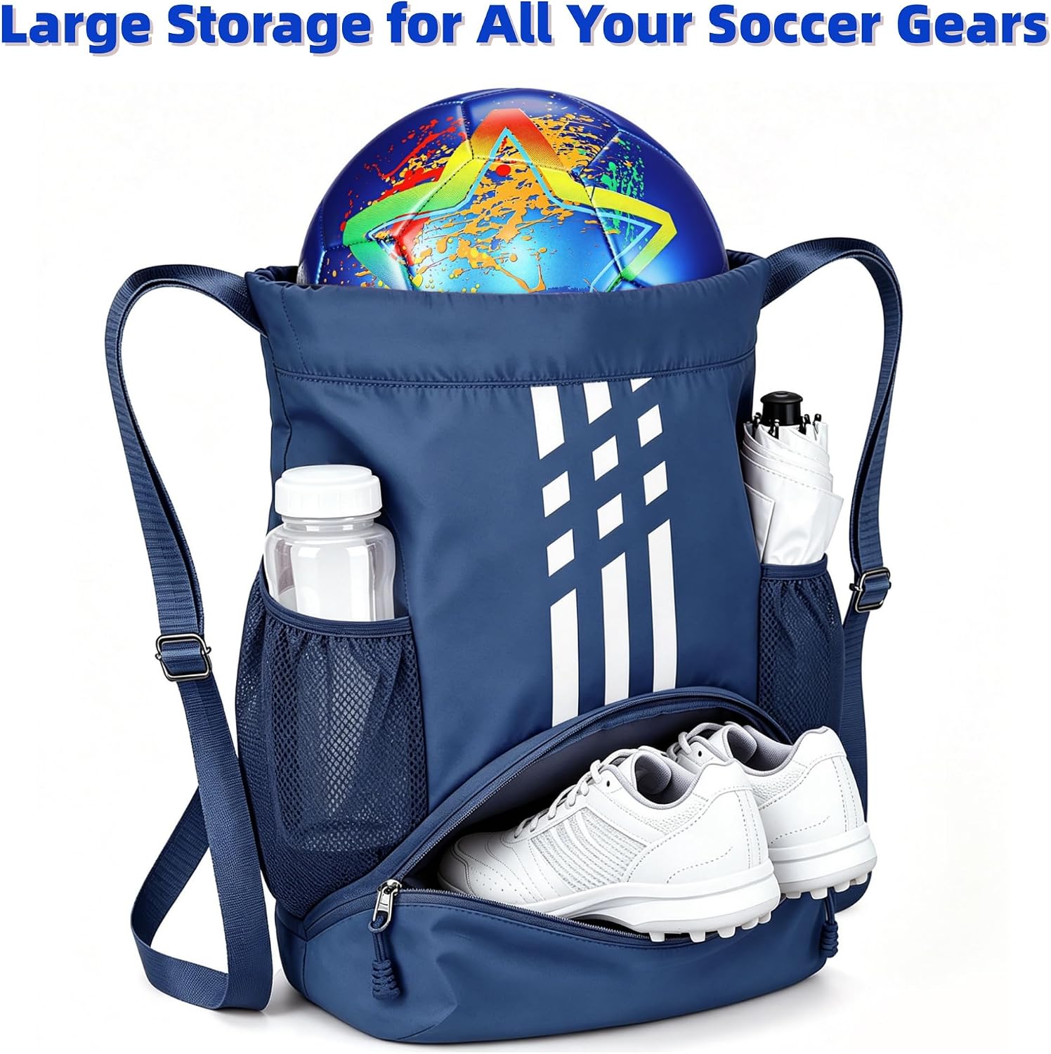 Soccer Bag, Youth Drawstring Backpack for Volleyball Basketball Sports | with 1 Shoes Compartment 1 Wet&Dry Pocket 2 Side Mesh Pockets 2 Zipper Pockets Bag for Gym Training Swimming Back to School - Image 3