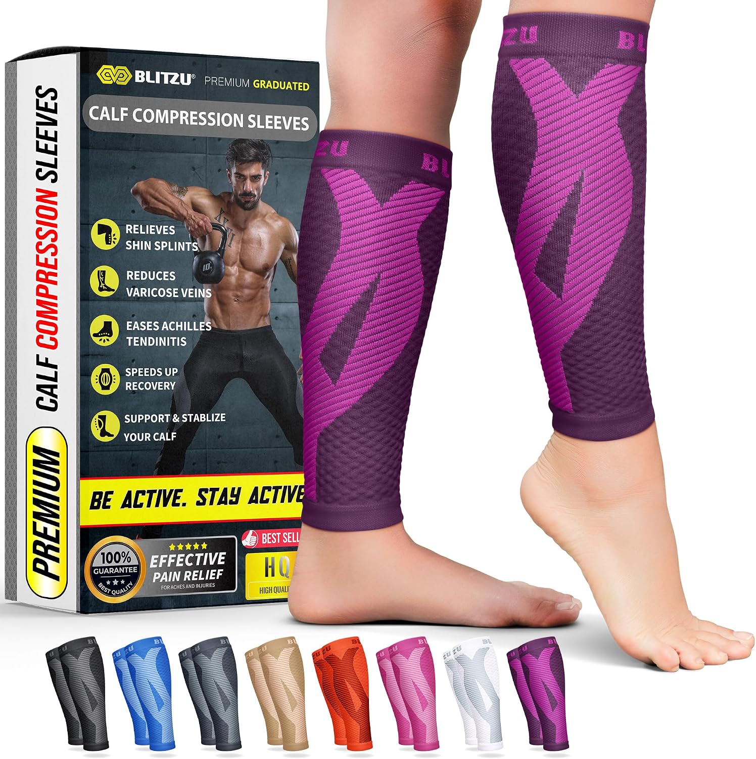 BLITZU Calf Compression Sleeves, Footless Compression Socks for Men & Women | Leg Support Brace, Shin Splint Pain Relief, Reduce Varicose Vein Swelling, Muscle Recovery, Running, Nursing, Fitness, Travel