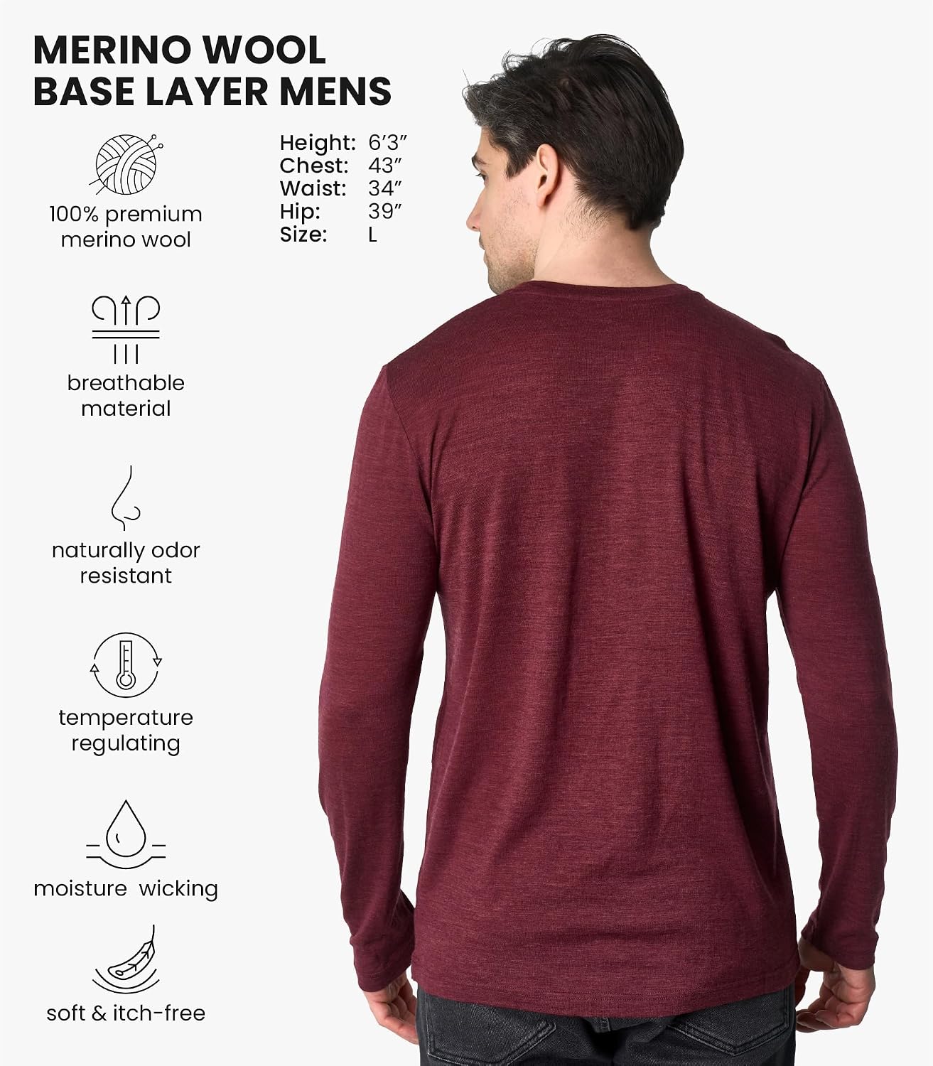 100% Merino Wool Shirts for Men - Thermal Underwear Base Layer Long Sleeve | Lightweight, Breathable Thermal Shirt, Naturally Odor-Resistant, Moisture-Wicking, Ideal for Hiking, Outdoor, Everyday Wear - Image 2