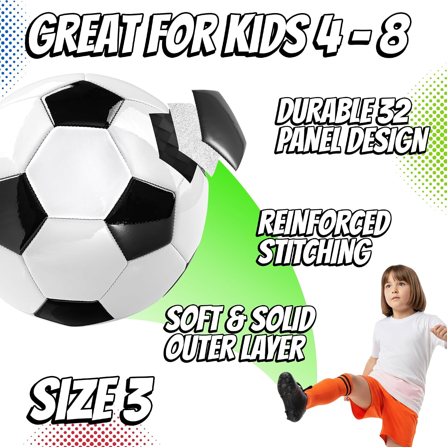 PlayBolt Black & White Soccer Balls - Sizes 2, 3, 4, 5 for Kids, Toddlers & Adults - Pack of 1 or 4 with Pump - Image 4