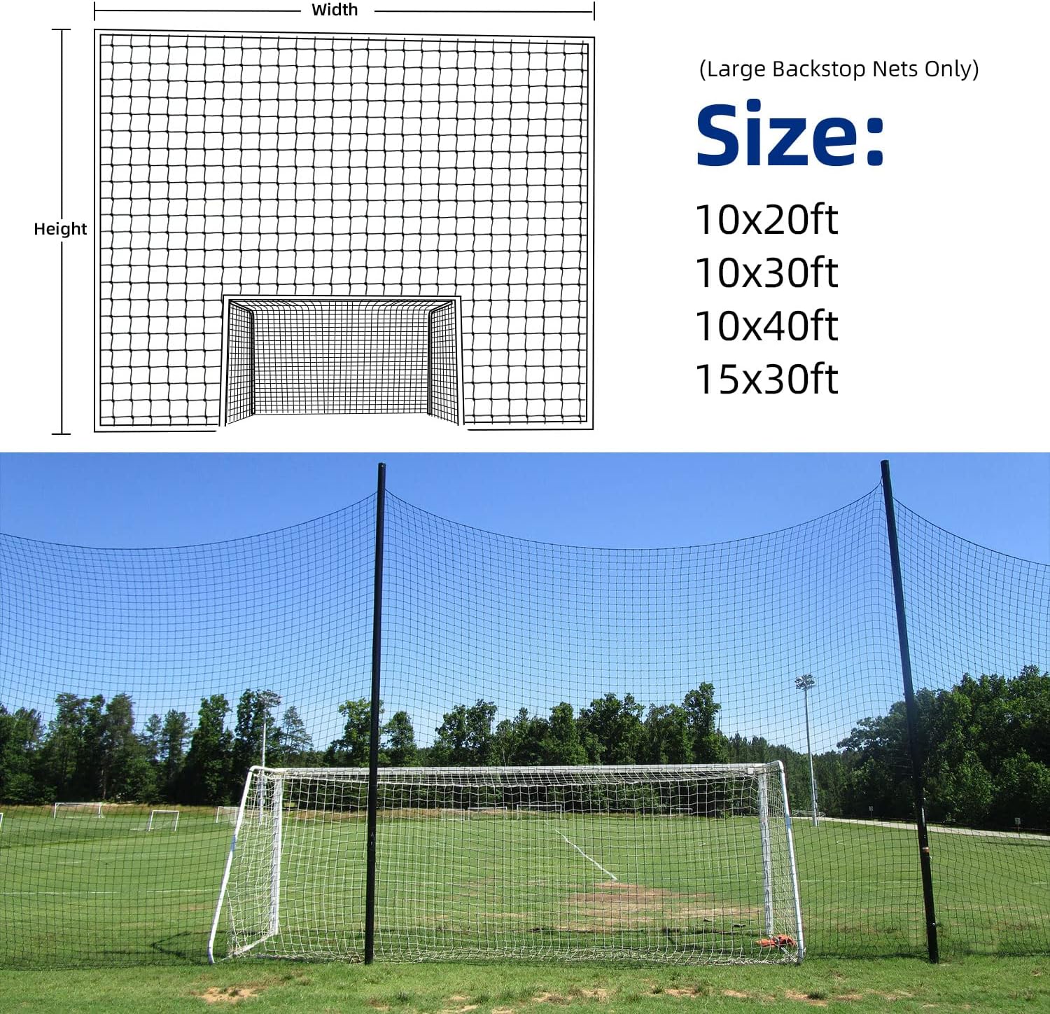 Soccer Backstop Net, High Impact Barrier Net, Nylon Practice Sports Netting 10x20ft/10x30ft/10x40ft (Installation Rope Included) - Image 3