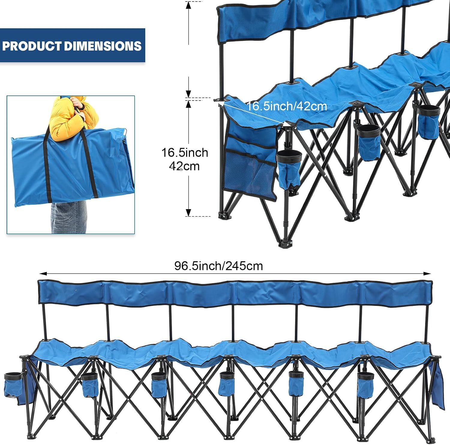 6 Seat Folding Soccer Bench with Cup Holder, Sport Team Bench,Blue | Portable Sideline Bench, Foldable Team Chair for Football Training, Outdoor Events, Camping with Storage Bag - Image 3