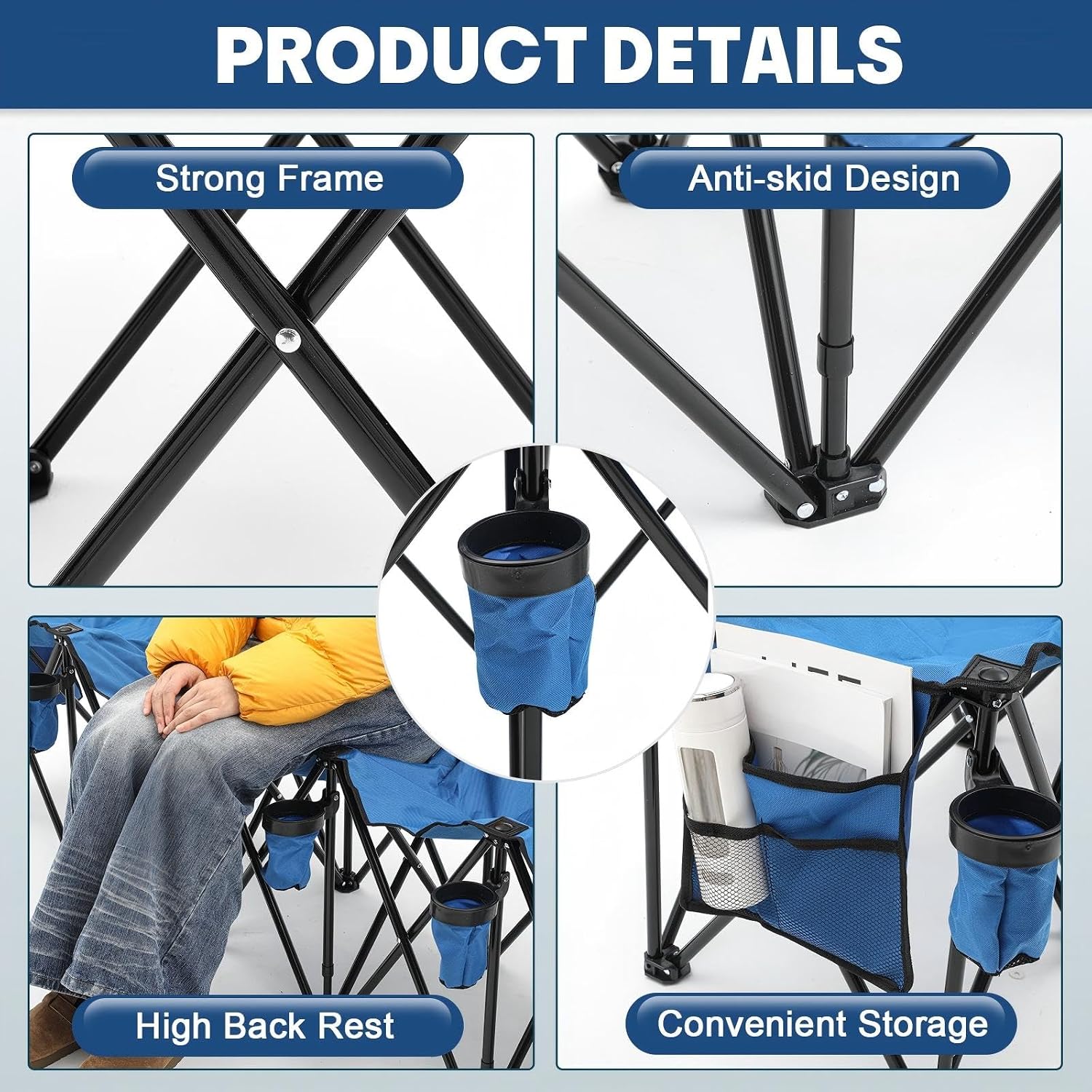 6 Seat Folding Soccer Bench with Cup Holder, Sport Team Bench,Blue | Portable Sideline Bench, Foldable Team Chair for Football Training, Outdoor Events, Camping with Storage Bag - Image 4
