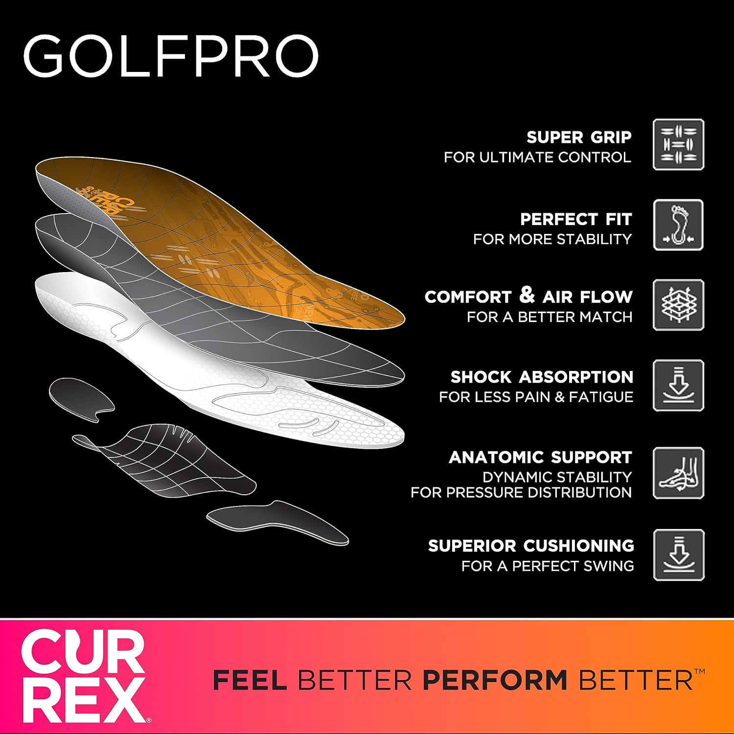 CURREX GolfPro Insoles for Golf Shoes – Arch Support Inserts to Improve Balance, Stability, Comfort & Performance, Help with Foot & Heel Pain Relief – for Men & Women – High Arch, Large - Image 3