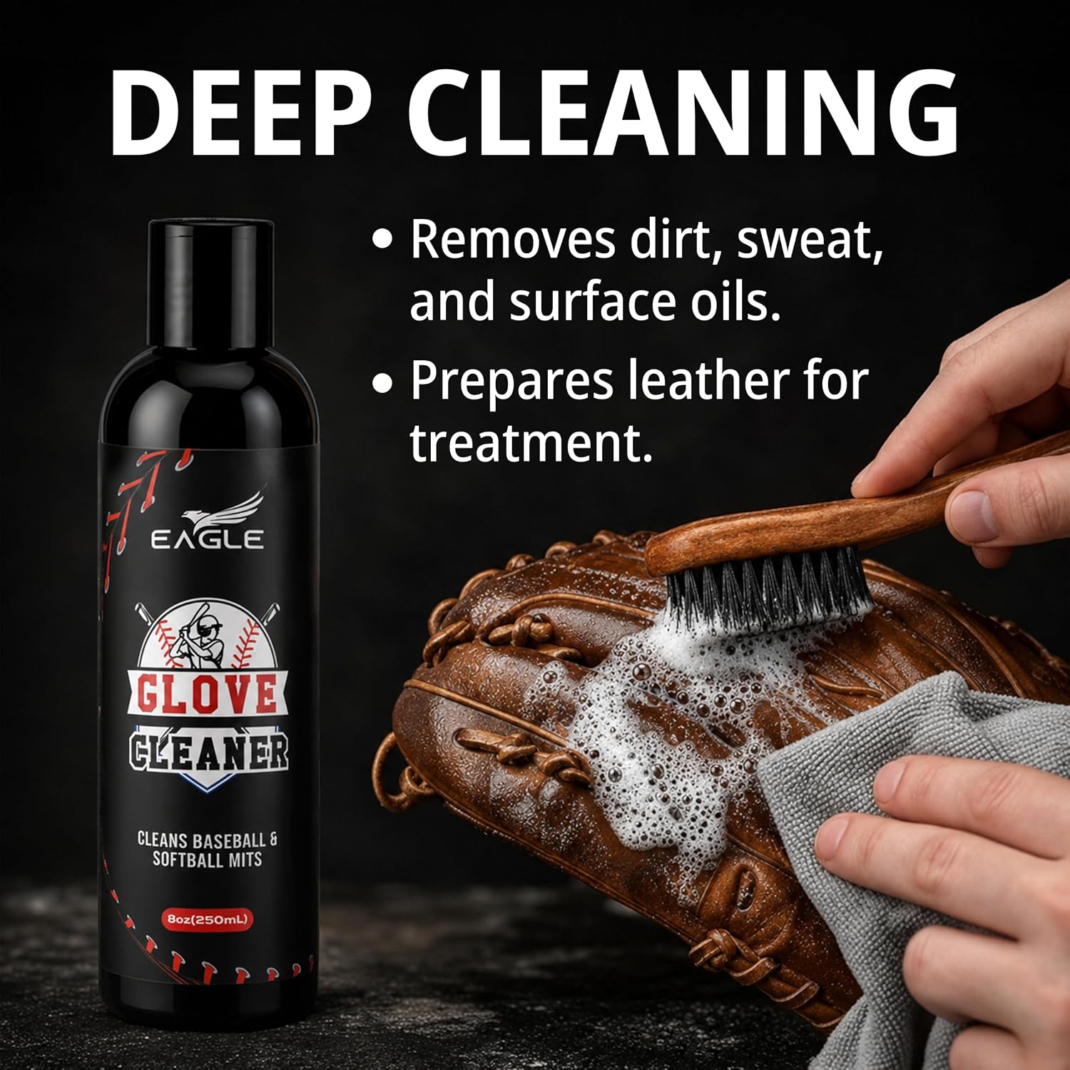 Eagle Baseball Glove Care Kit – Glove Cleaner (8oz), Oil (8oz), Conditioner (3.38oz), 2 Applicators & Cloth – Complete Leather Glove Maintenance Kit for Baseball, Softball, Catcher’s Mitts & More - Image 4