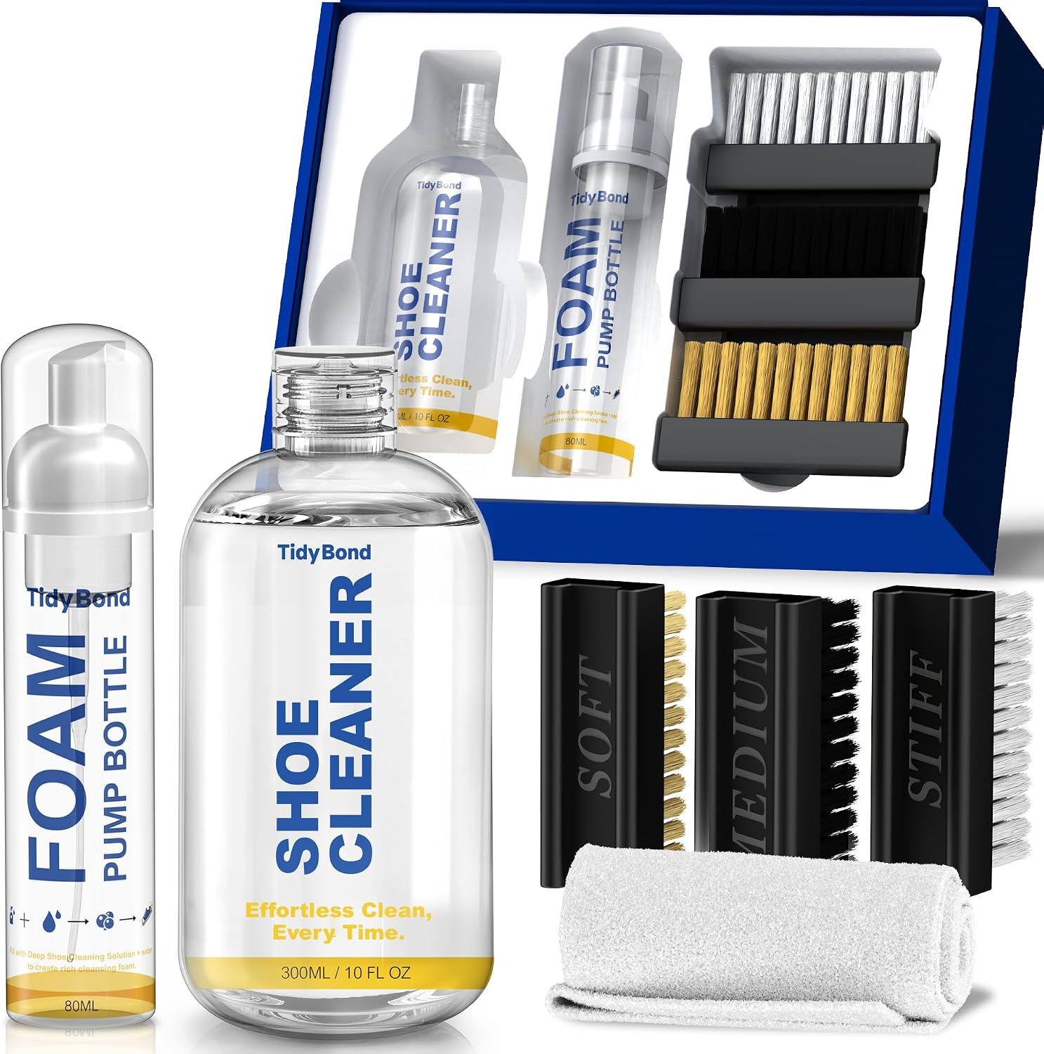 Shoe Cleaner Kit for Sneakers with 3 Brushes and Foam Bottle, 10.6 oz | Deep Cleaning for White Shoes, Leather, Suede, Nubuck, Canvas, Mesh, Boots, Midsoles and Soles