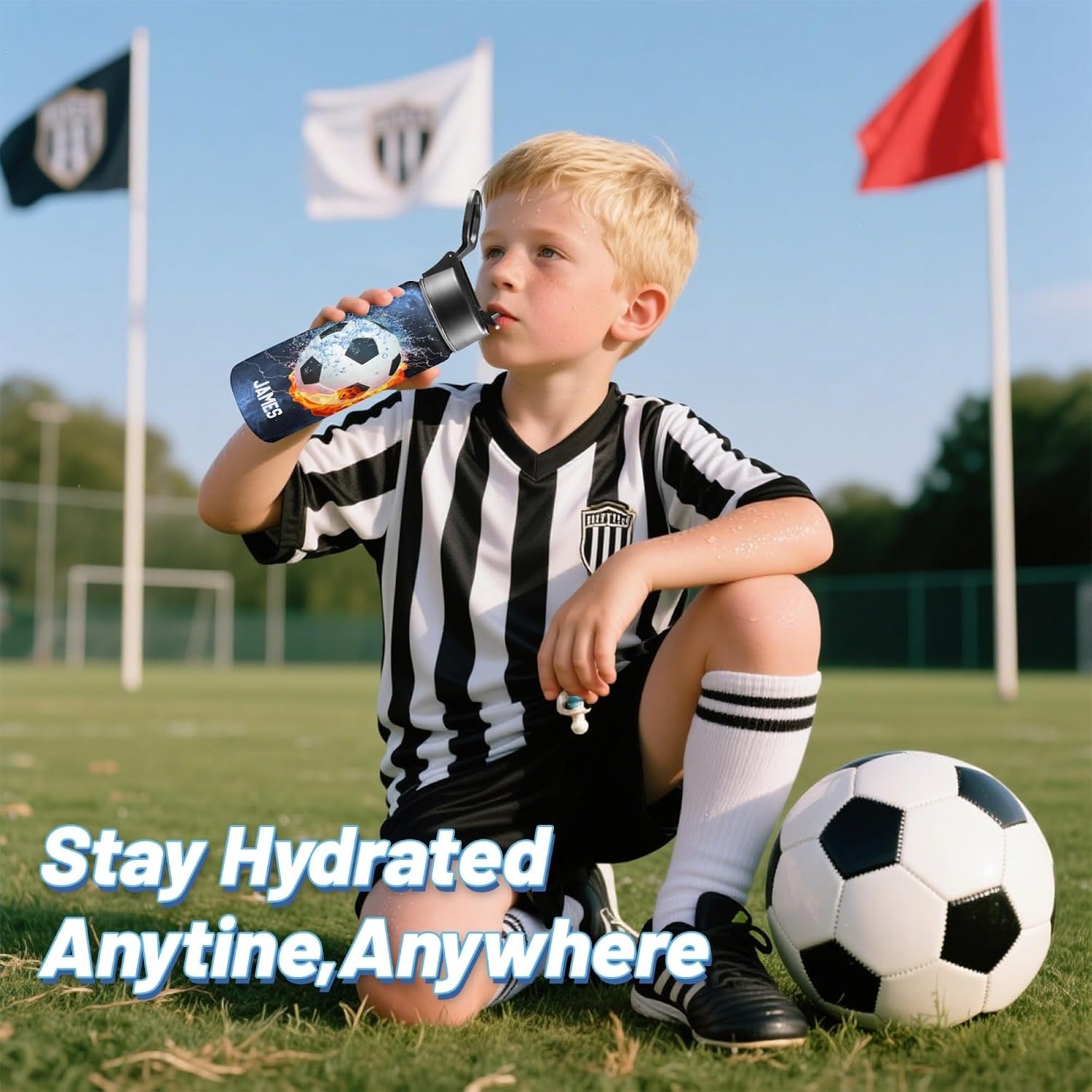 Personalized Soccer Water Bottles for Boys, 18oz Kids Thermos | Custom Name, Stainless Steel Straw Lid, Vacuum Insulated, Leakproof Loop, Perfect School Birthday Boys Gift - Image 2