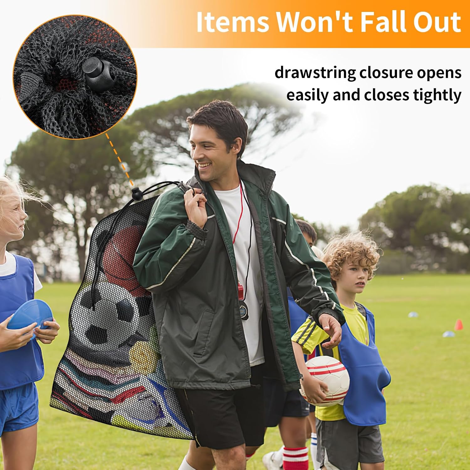 Extra Large Mesh Ball Bag, Heavy Duty 40"x30" Hold 10-12 Soccer Basketball | Drawstring & Adjustable Shoulder Strap, Breathable Sports Equipment Sack for Coaches, Team, Swimming Gear, Volleyball - Image 3