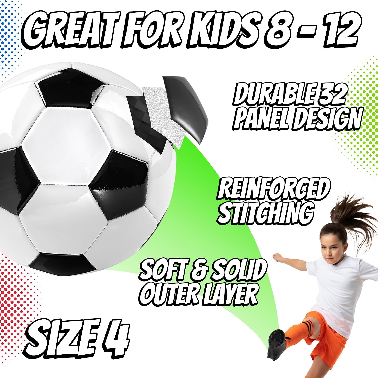 PlayBolt Black & White Soccer Balls - Sizes 2, 3, 4, 5, Pack of 1 or 4 | Soccer Ball with Pump for Kids, Toddlers & Adults - Image 3