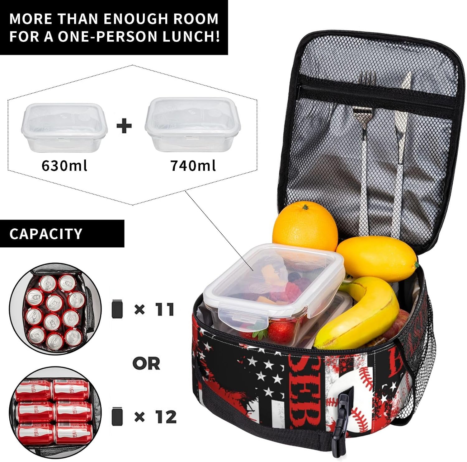 Miaoquhe Baseball Lunch Box for Men Women American Flag Reusable Lunch Bag for Boys Girls Kids Teens Sport Ball Portable Cooler Lunchbox Insulated Tote Bag for School Office Work Picnic Hiking - Image 4