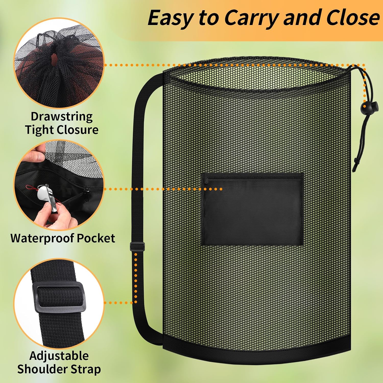 Extra Large Mesh Ball Bag, Heavy Duty 24"x36" Hold 8-10 Soccer Basketball | Drawstring Sports Equipment Net Sack, Shoulder Strap and Storage Pocket for Coaches, Teams, Volleyball Football - Image 4